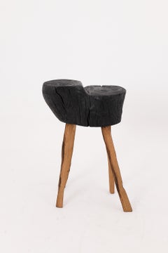 Rustic Blackened Wood Side Table, Pedestal, Raw Form, Handmade, Logniture