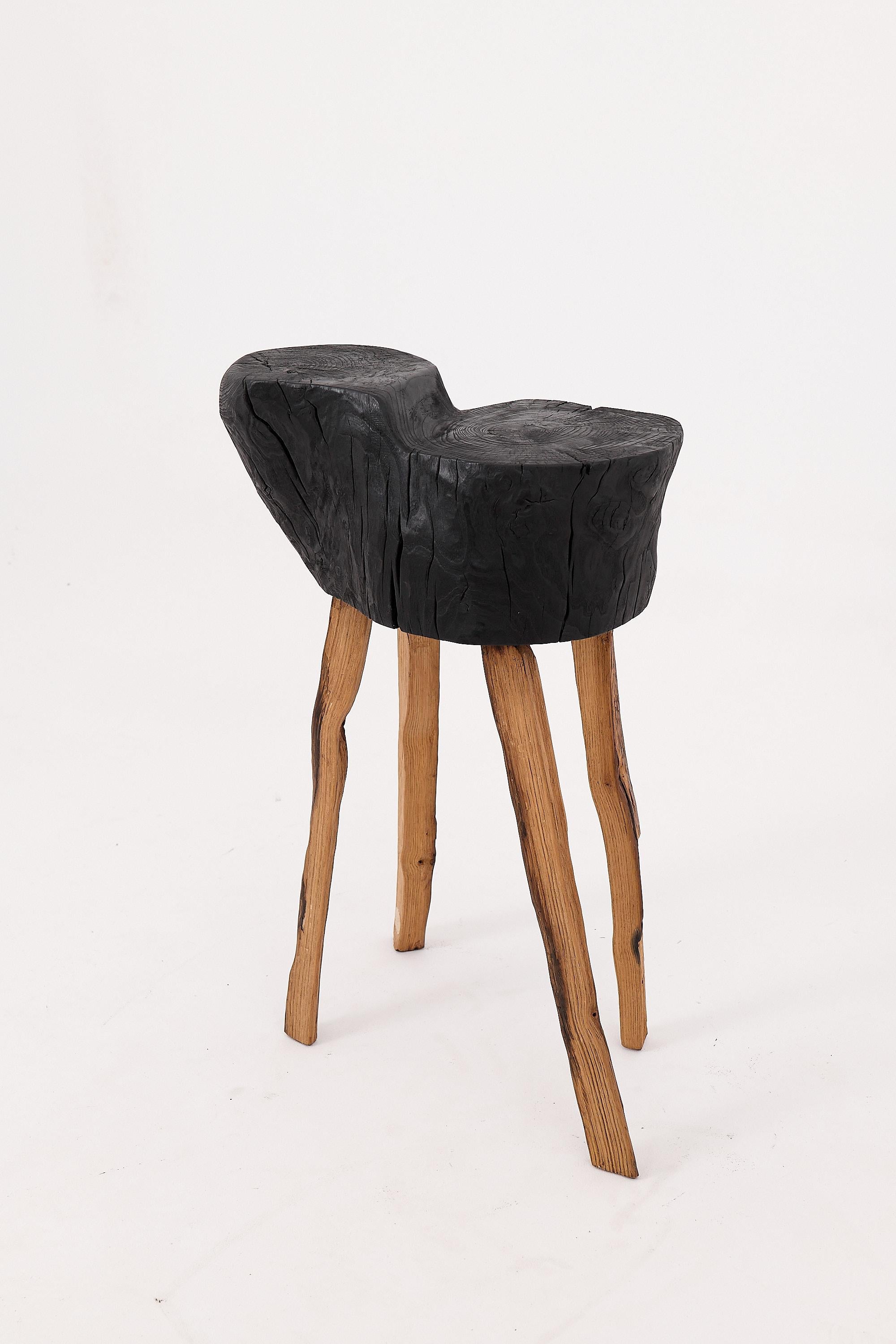 Brutalist Rustic Blackened Wood side table with Raw Organic Form Indoor & Outdoor For Sale