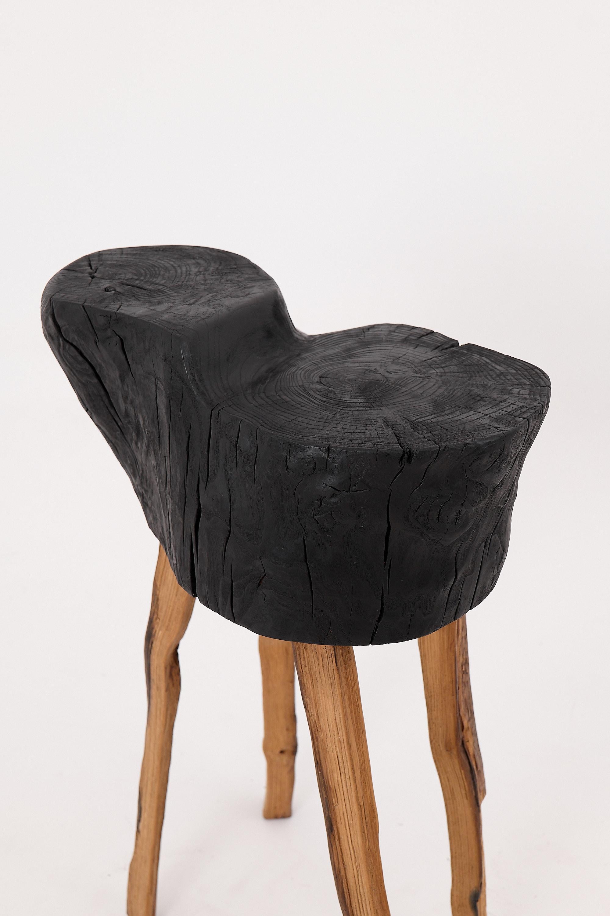 Carved Rustic Blackened Wood side table with Raw Organic Form Indoor & Outdoor For Sale