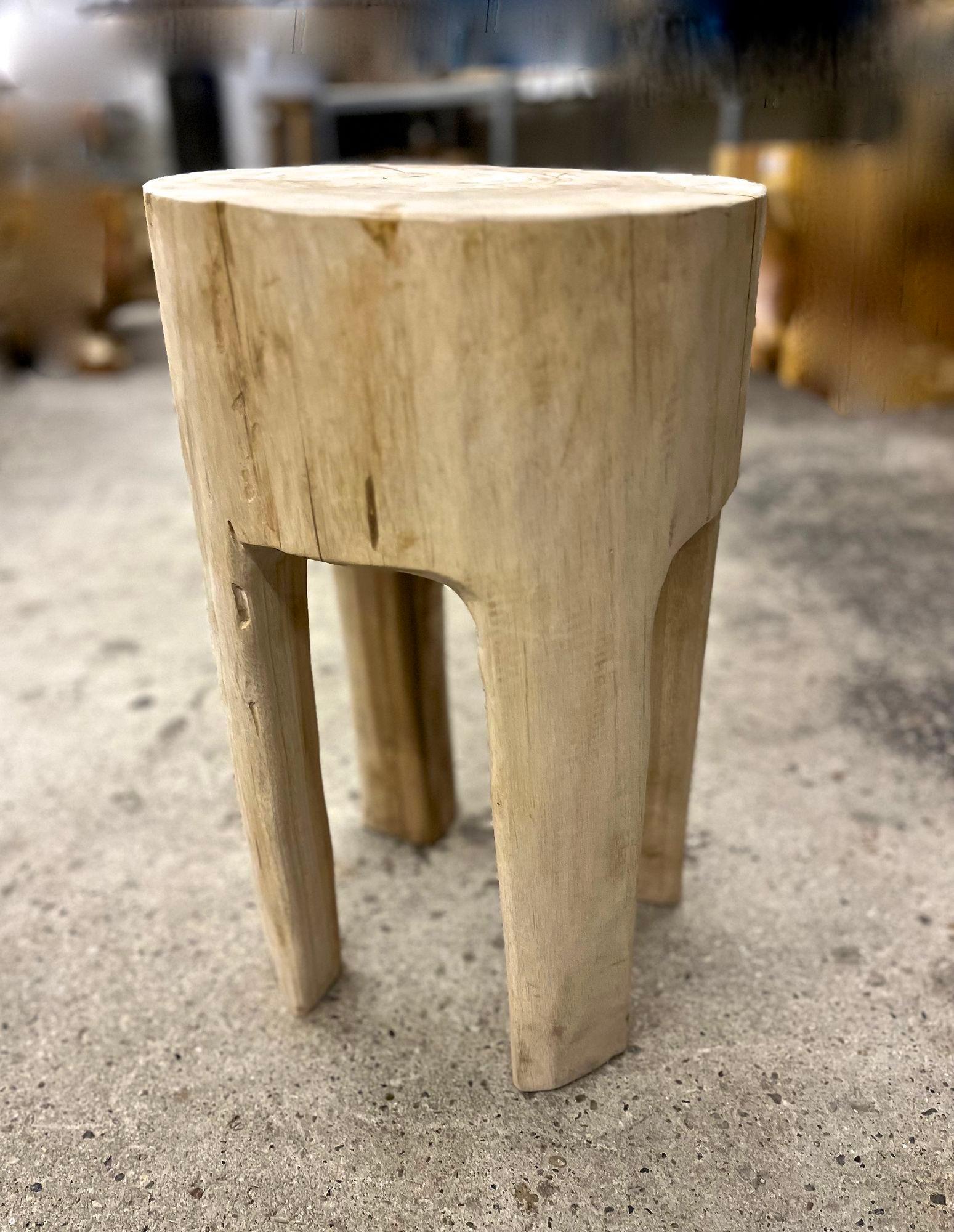 Rustic Bleached Teak Wood Side Table/ Stool, Organic Modern - Handcarved, 2023 1