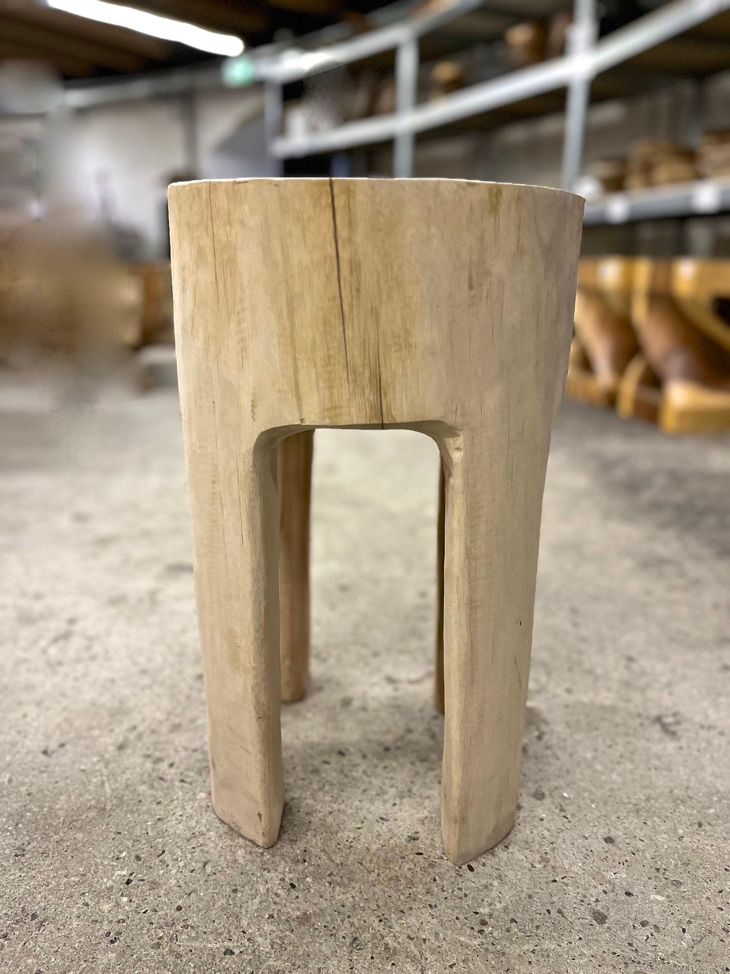 Rustic Bleached Teak Wood Side Table/ Stool, Organic Modern - Handcarved, 2023 2