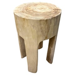 Rustic Bleached Teak Wood Side Table/ Stool, Organic Modern - Handcarved, 2023
