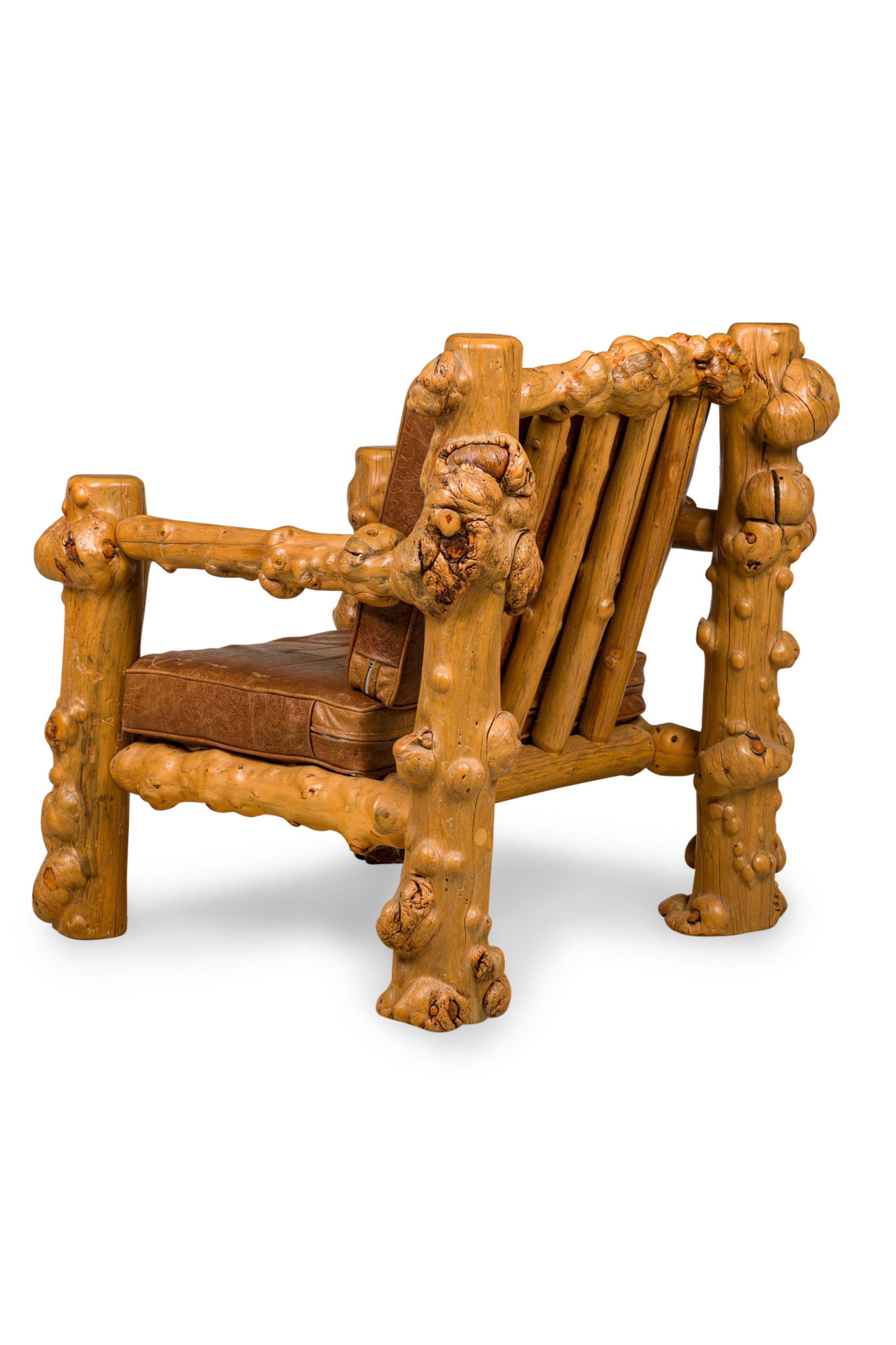 20th Century Rustic Blond Root Wood and Embossed Leather Throne Armchair For Sale