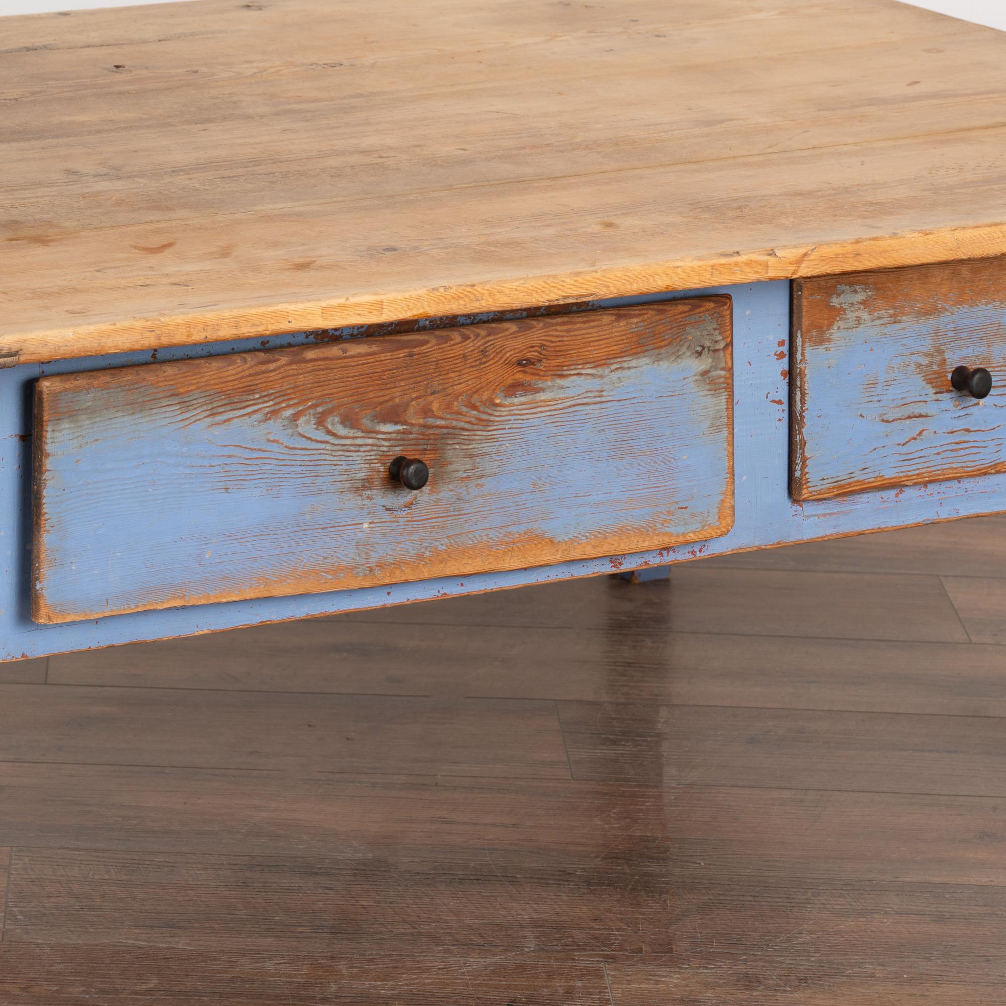 Rustic Blue Painted Pine Coffee Table With Two Drawers, Sweden circa 1860-80 In Good Condition In Round Top, TX