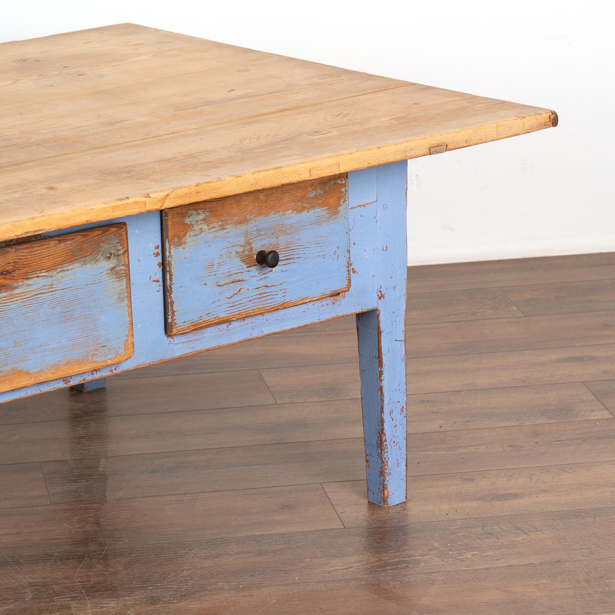 19th Century Rustic Blue Painted Pine Coffee Table With Two Drawers, Sweden circa 1860-80