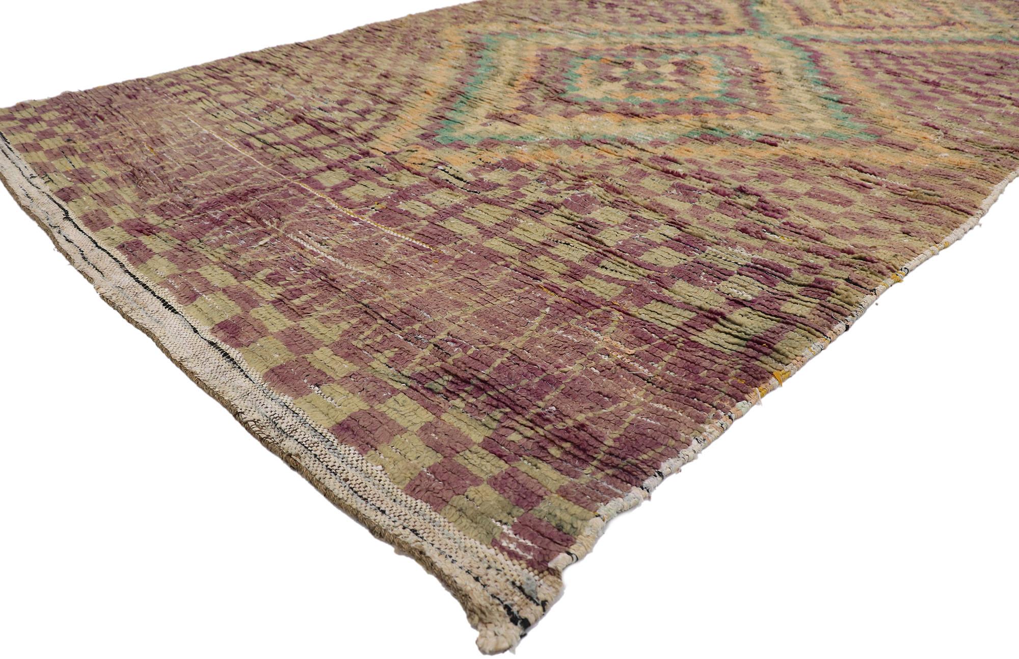 21431 Vintage Berber Moroccan Rug, 05'06 x 09'07. 
Emanating boho chic style amd weathered charm, this hand knotted wool vintage Berber Moroccan rug is a captivating vision of woven beauty. The eye-catching checkered pattern and soft pastel colors