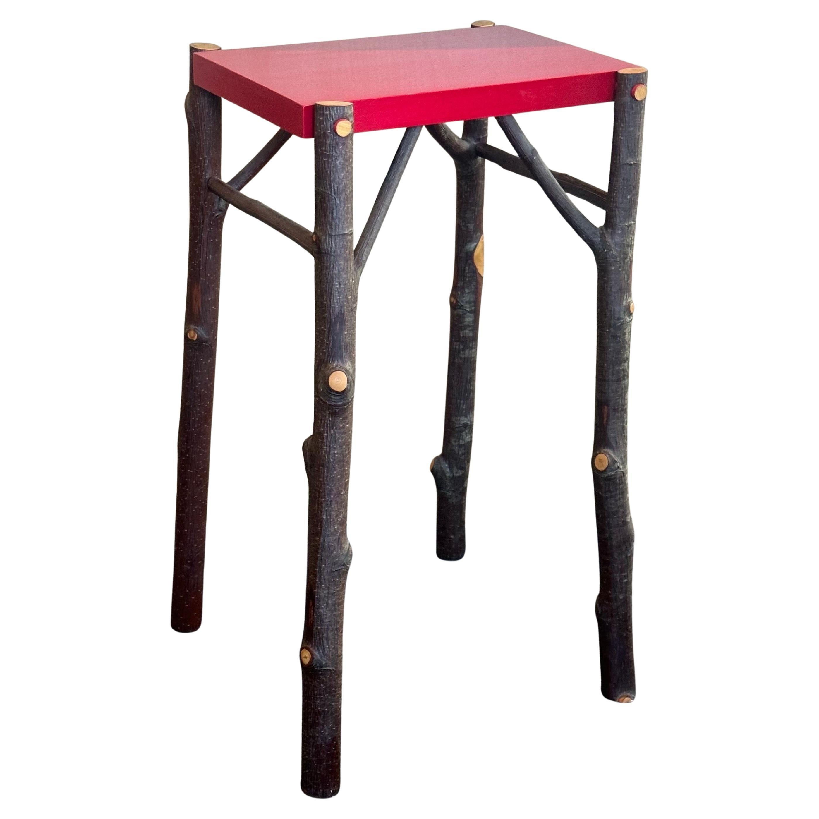 Super cool rustic hand made branch and twig side table by Jim Deardorff, circa early 2000s.  This sturdy piece is in good vintage condition and measures 13.75