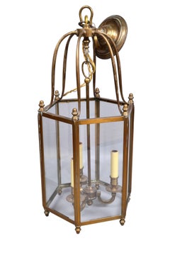 Rustic Brass and Glass Lantern Three-Light Hall Lantern Hollywood Regency