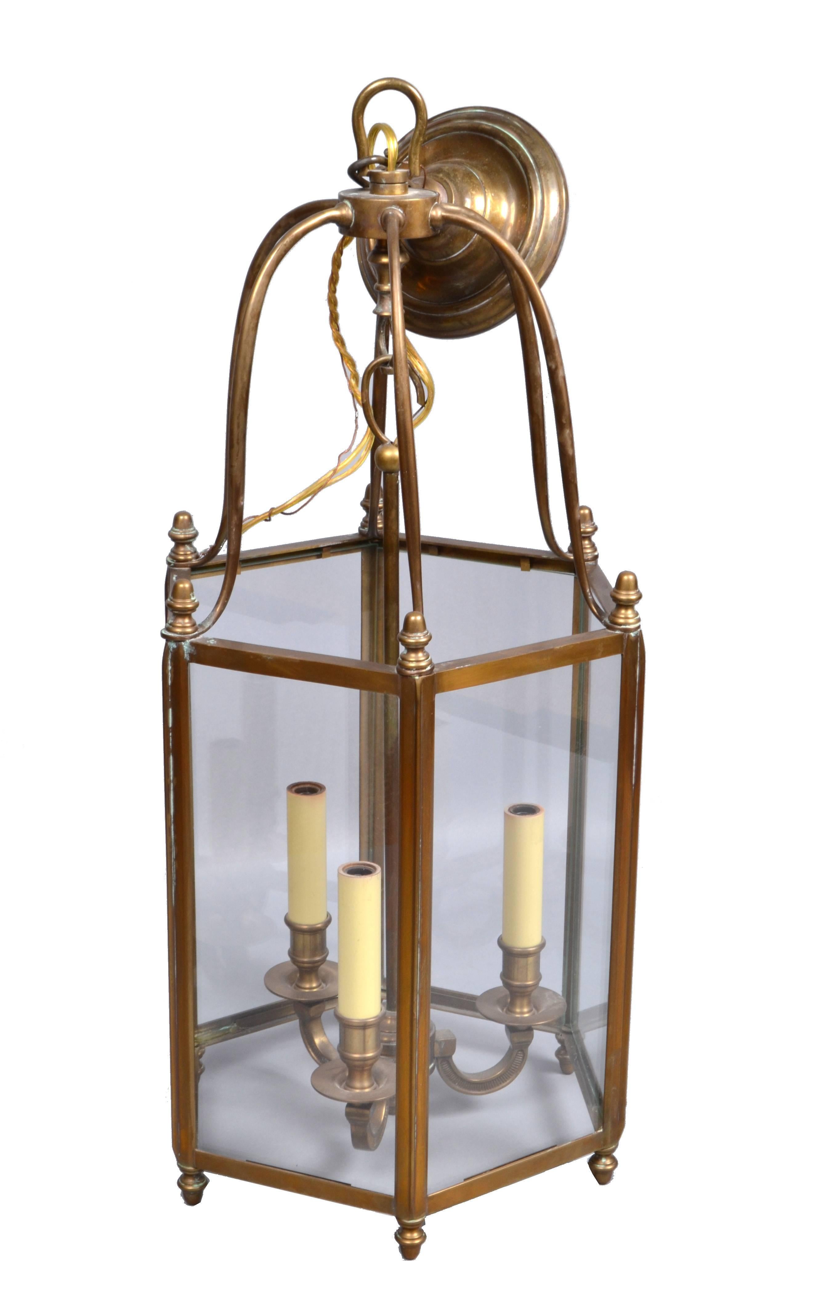 American Rustic Brass and Glass Lantern Three-Light Hall Lantern Hollywood Regency  For Sale