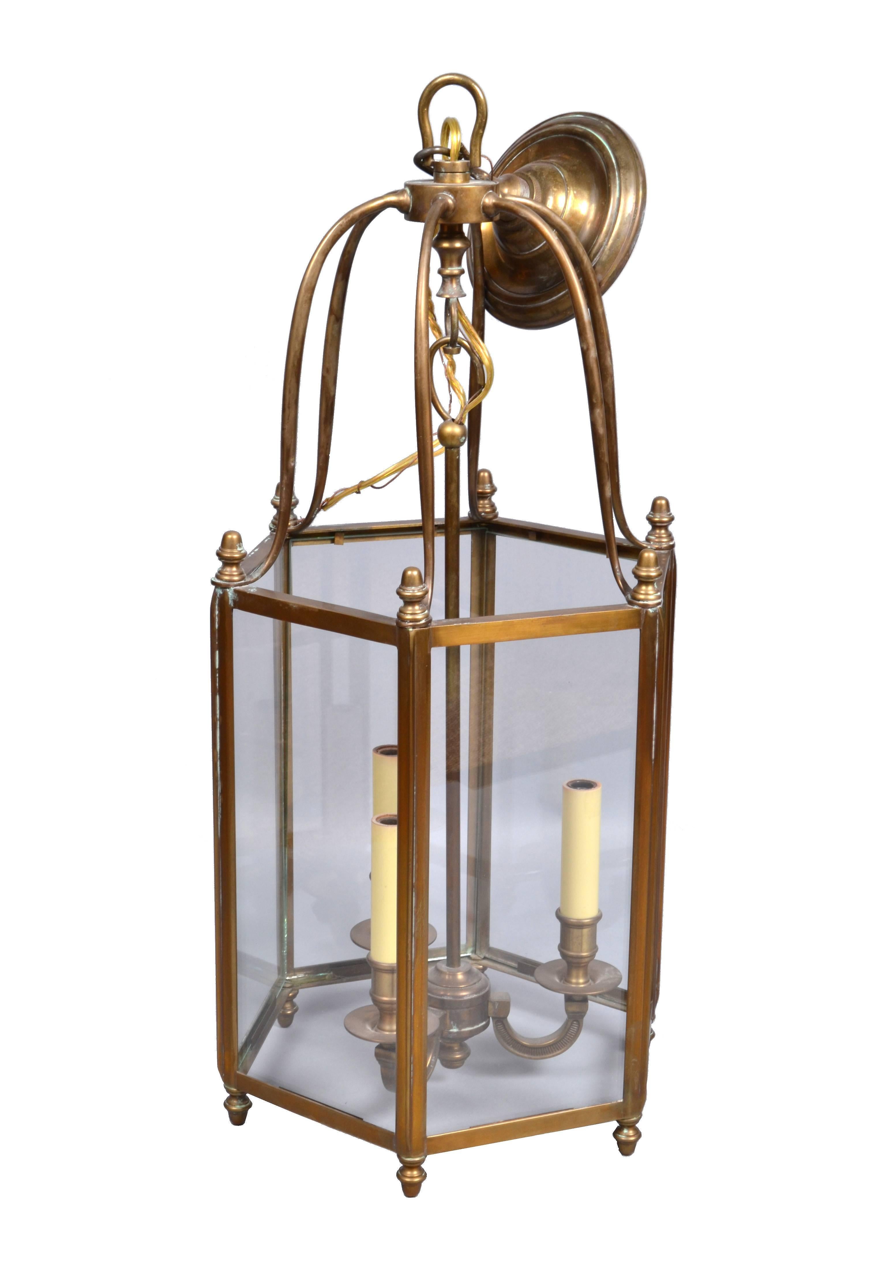 20th Century Rustic Brass and Glass Lantern Three-Light Hall Lantern Hollywood Regency  For Sale