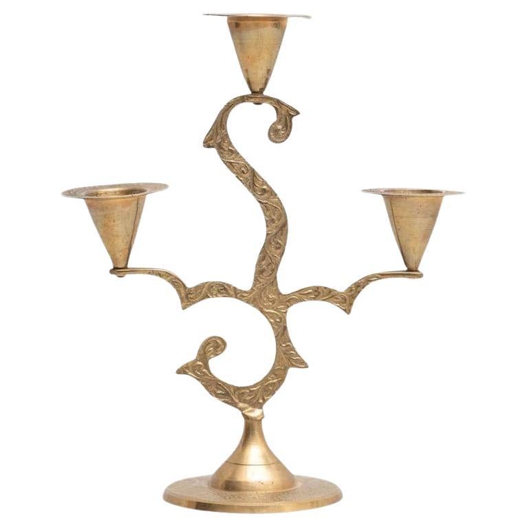 Rustic Brass Candle Holder, Spanish Design, Original Patina, 1950s