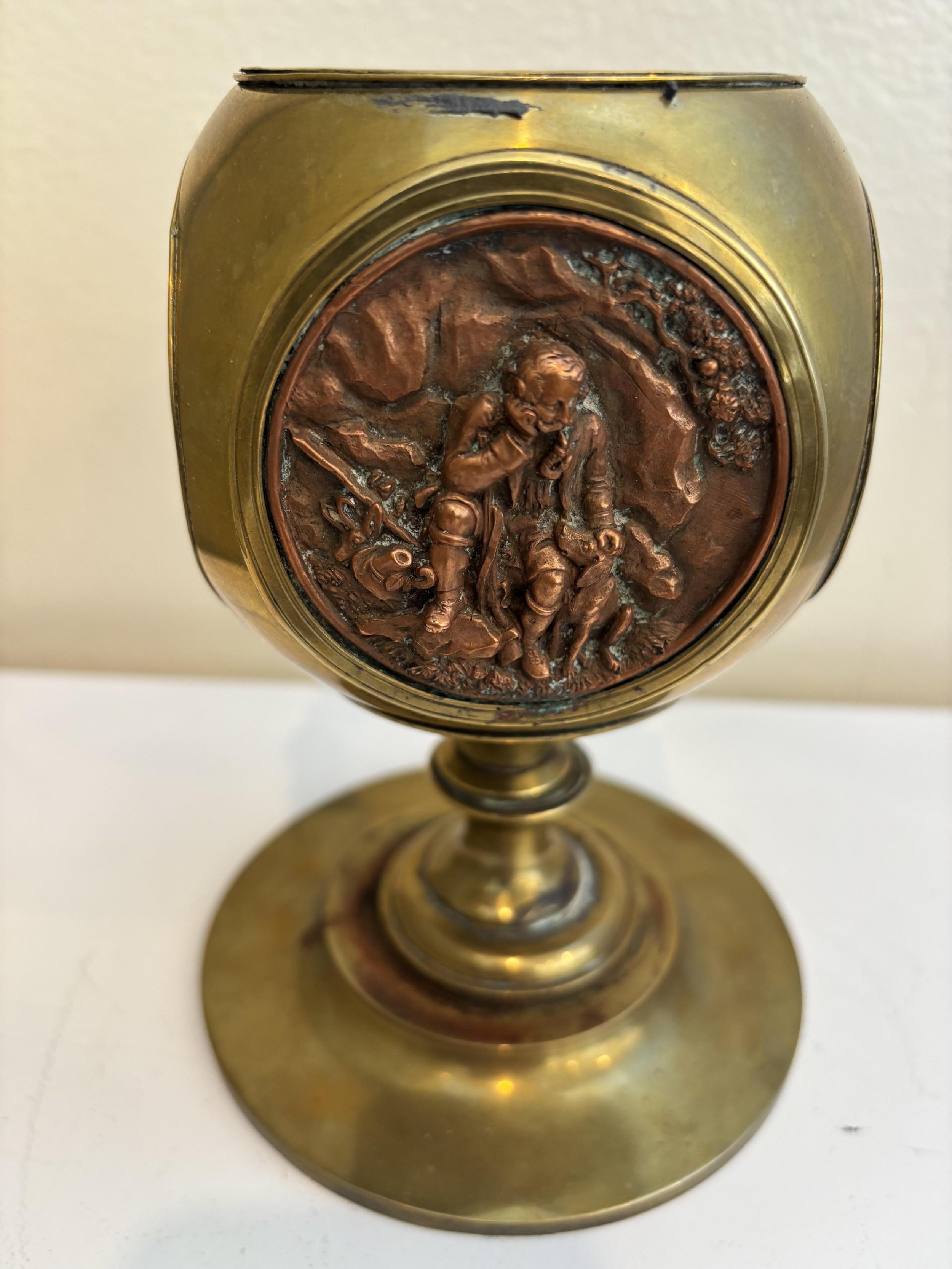 German Rustic brass container with 4 copper medalions For Sale