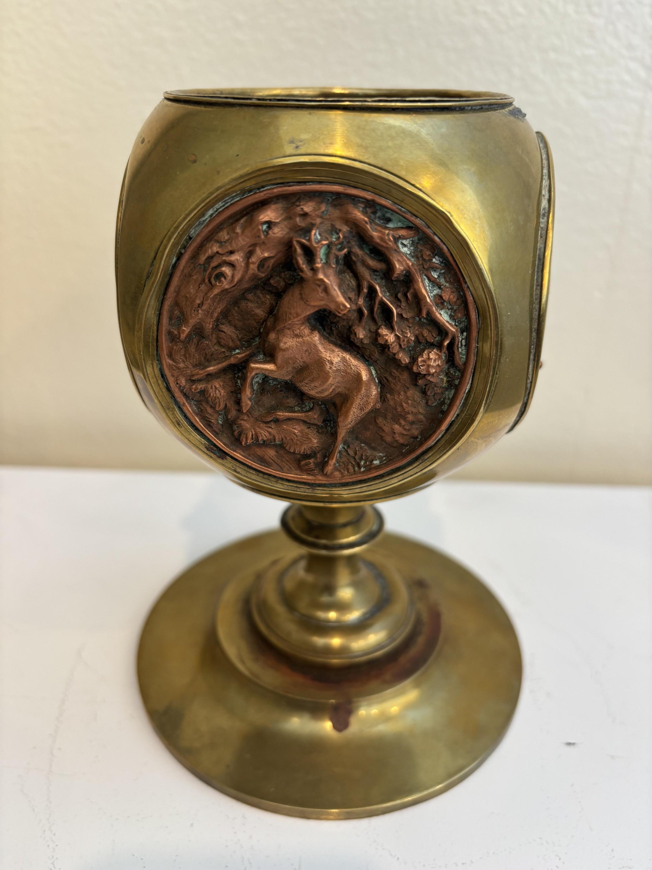 19th Century Rustic brass container with 4 copper medalions For Sale