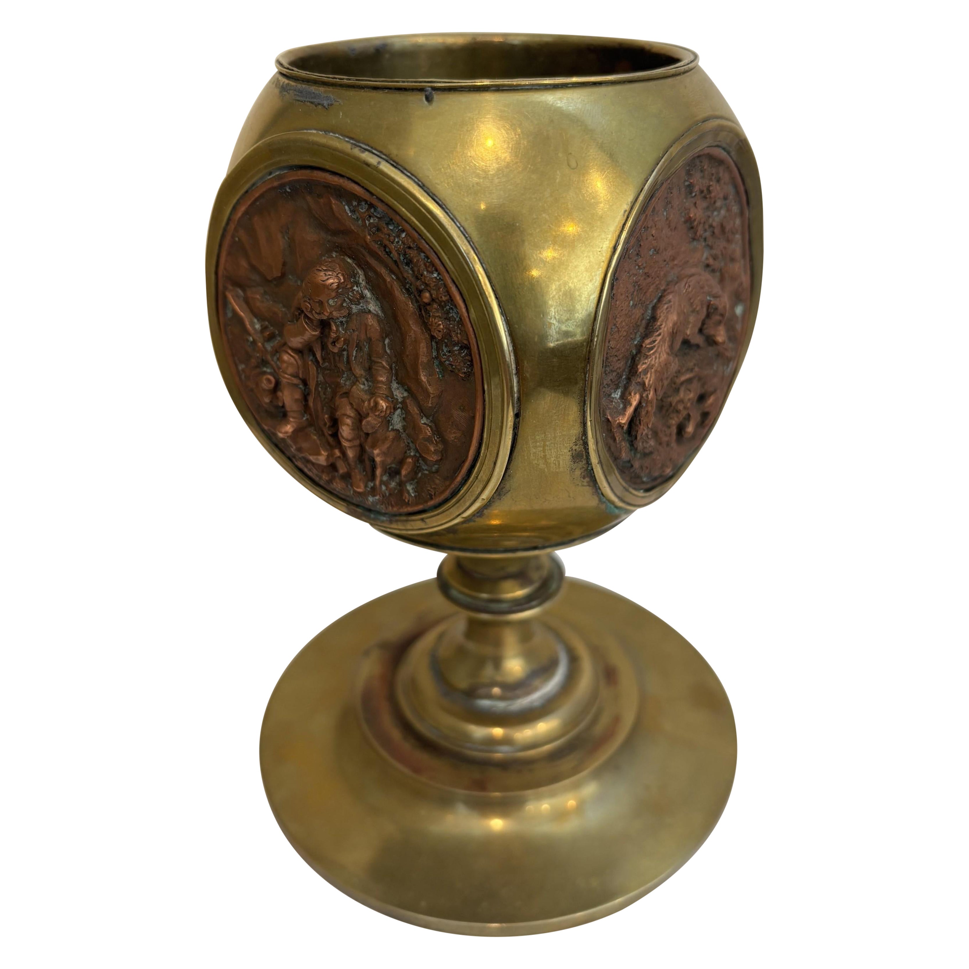 Rustic brass container with 4 copper medalions For Sale