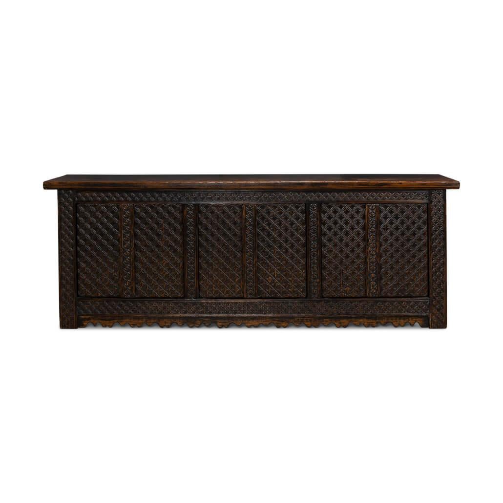 Crafted from carved reclaimed pine, featuring a distressed, hand-rubbed, and antiqued brown finish. Six cabinet doors open to reveal a painted interior with removable shelves, combining practicality with rustic elegance.

Dimensions: 98