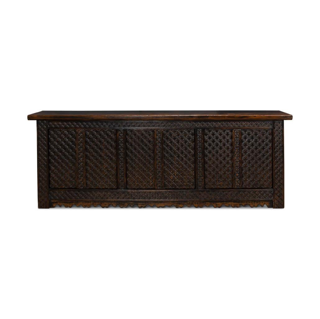 Crafted from carved reclaimed pine, featuring a distressed, hand-rubbed, and antiqued brown finish. Six cabinet doors open to reveal a painted interior with removable shelves, combining practicality with rustic elegance.

Dimensions: 98
