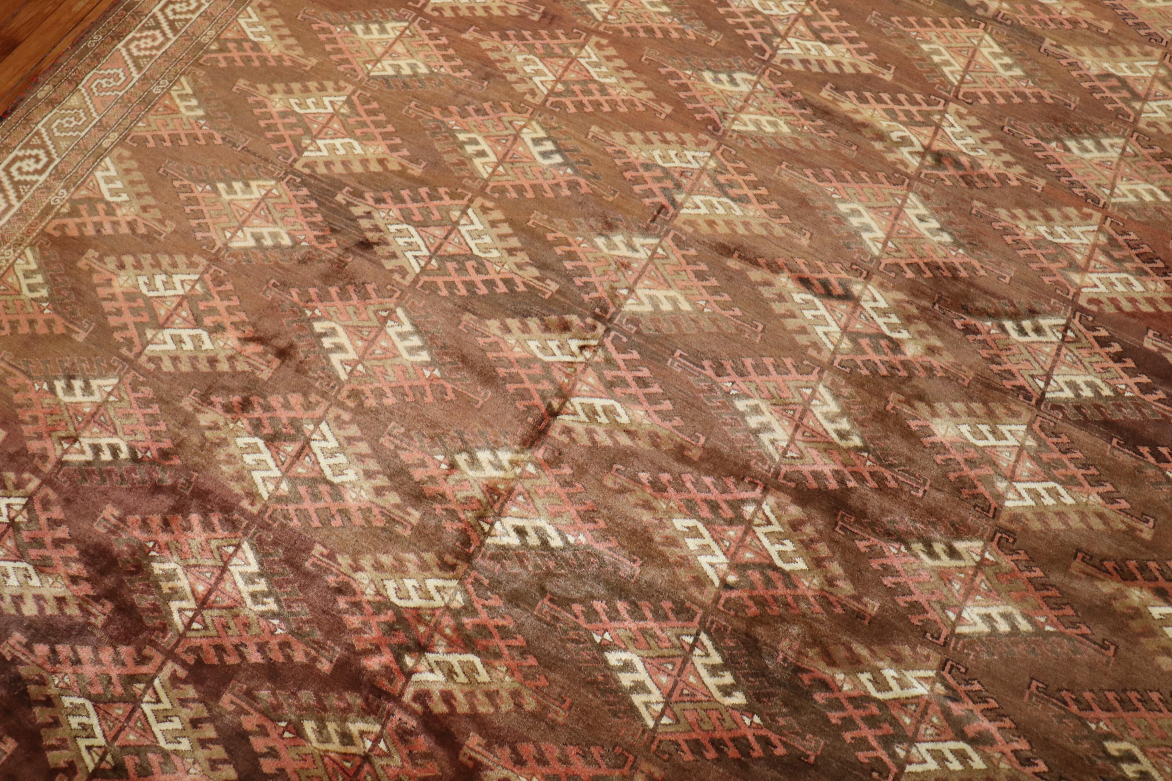 Wool Rustic Brown Turkeman Tribal Room Size Rug, 20th Century