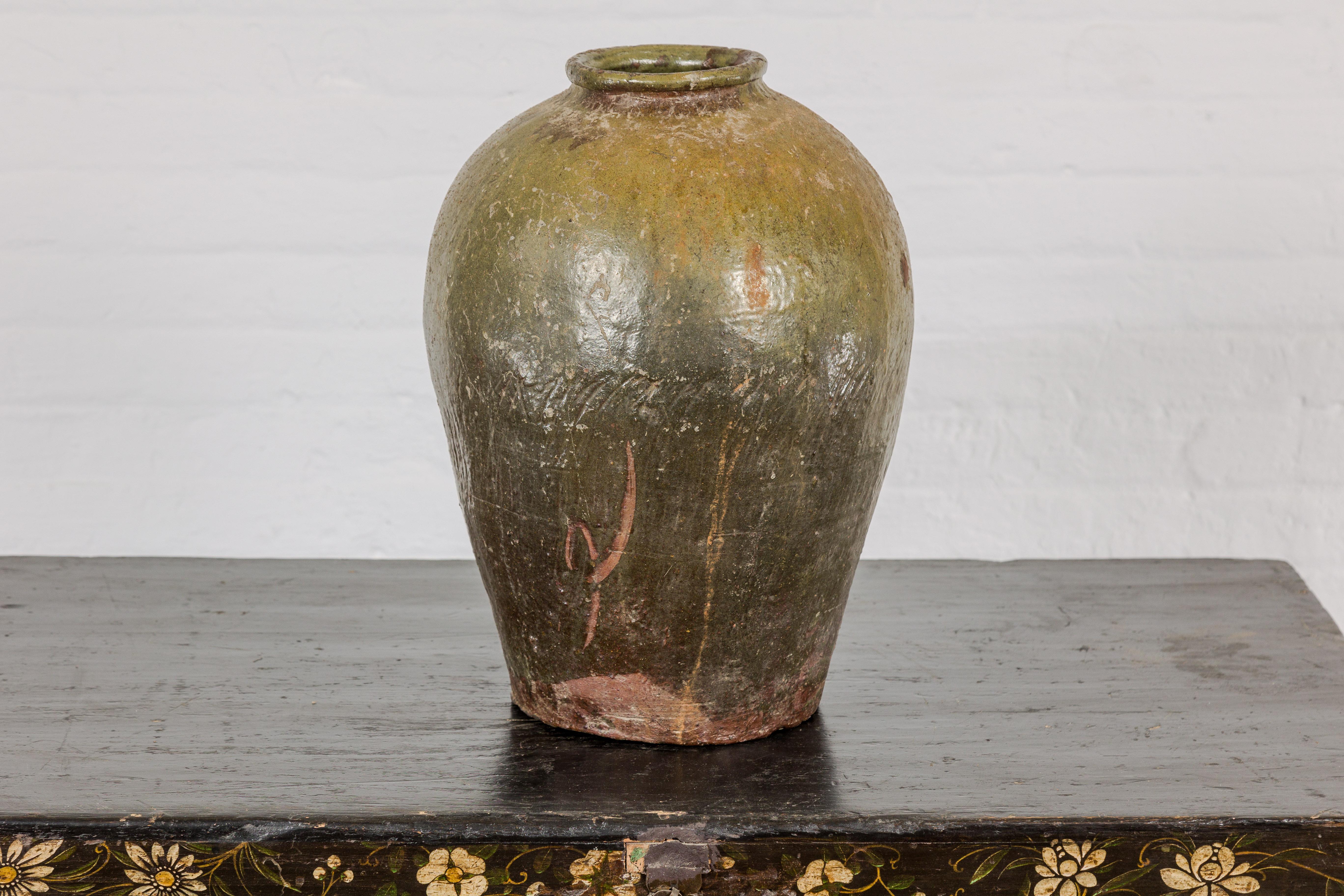 Rustic Brownish Green Glazed Ceramic Vase - Country Collection For Sale 8