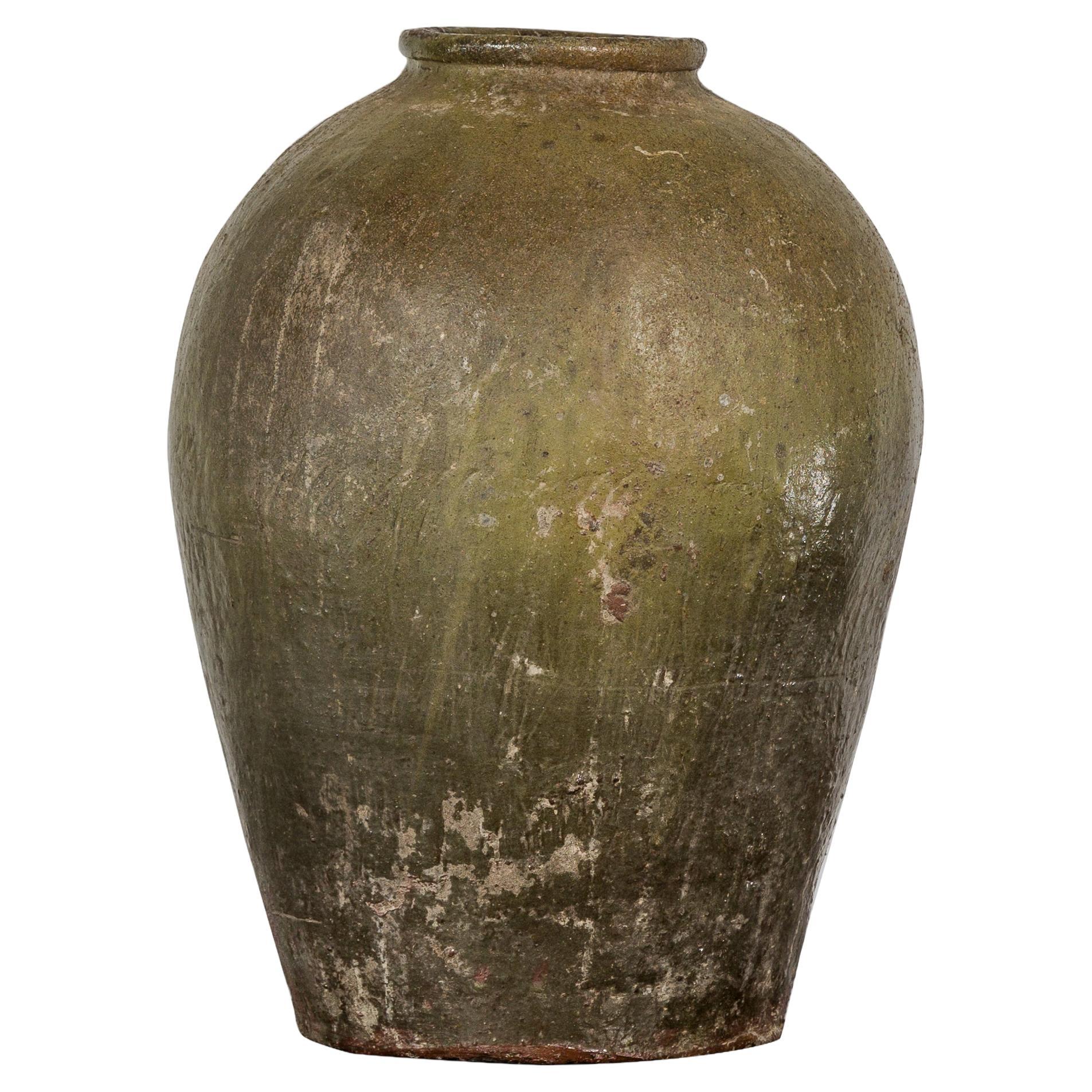 Rustic Brownish Green Glazed Ceramic Vase - Country Collection For Sale