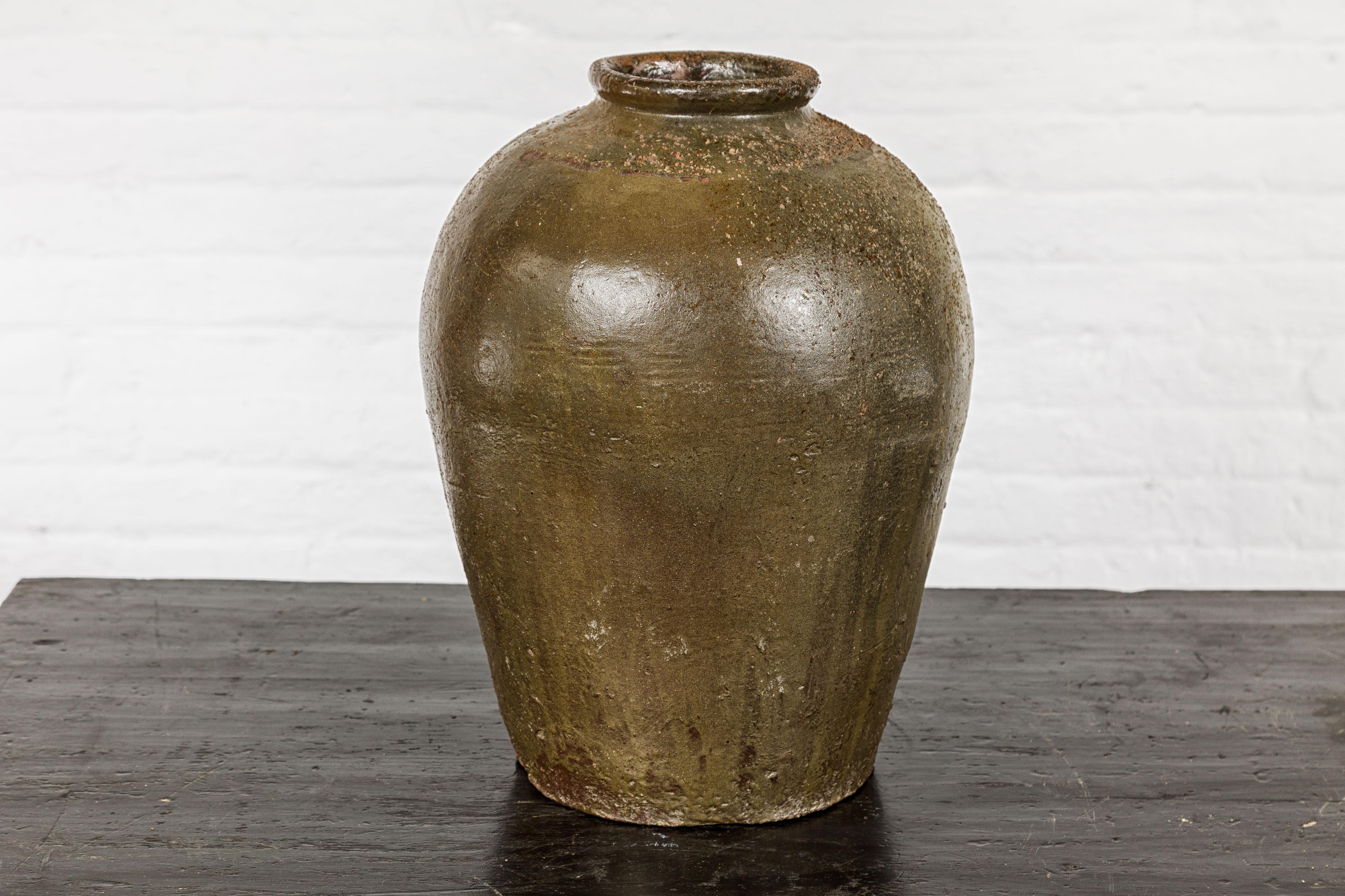 Rustic Brownish Green Glazed Vase with Mineral Deposits - Country Collection For Sale 5