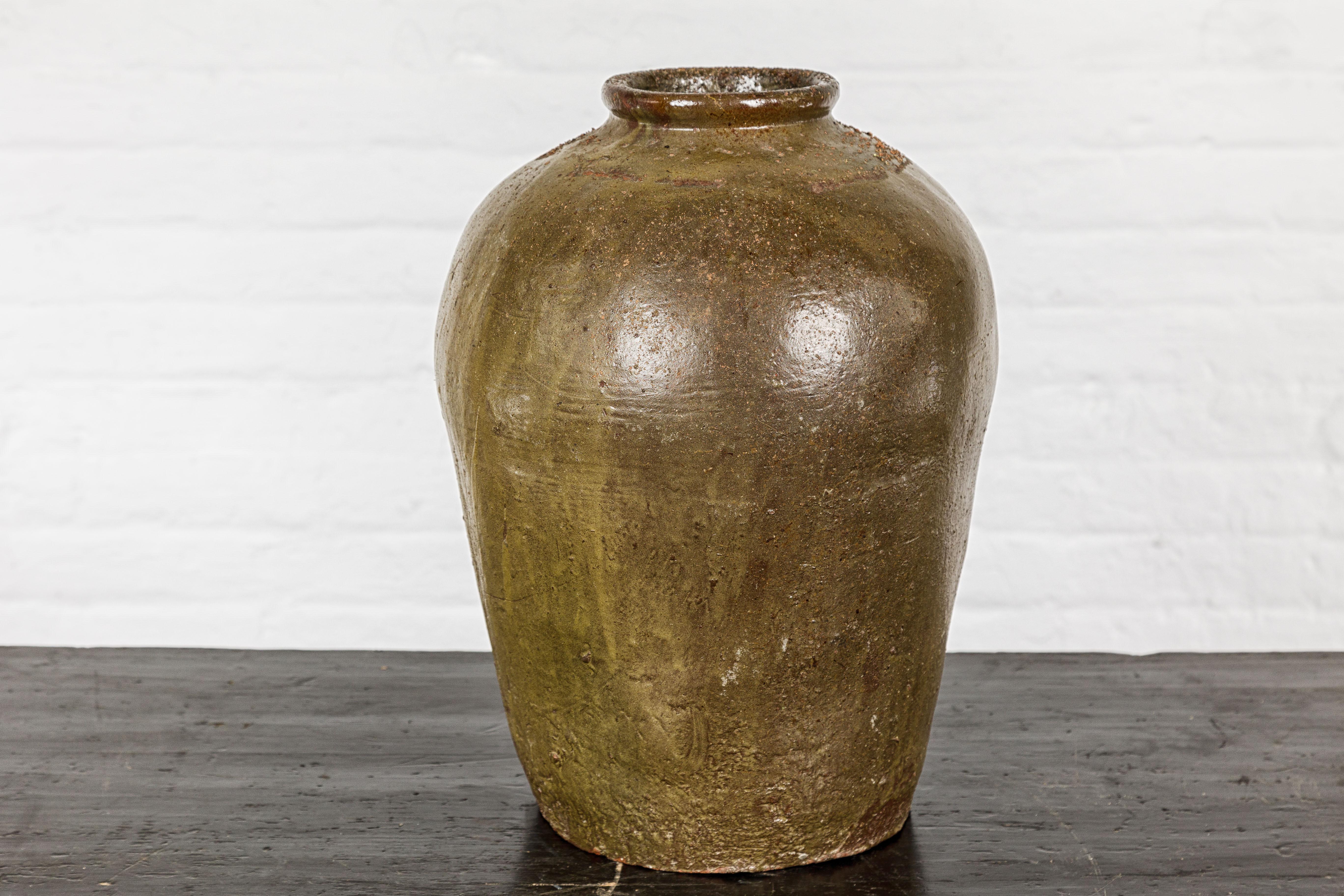 Rustic Brownish Green Glazed Vase with Mineral Deposits - Country Collection For Sale 6