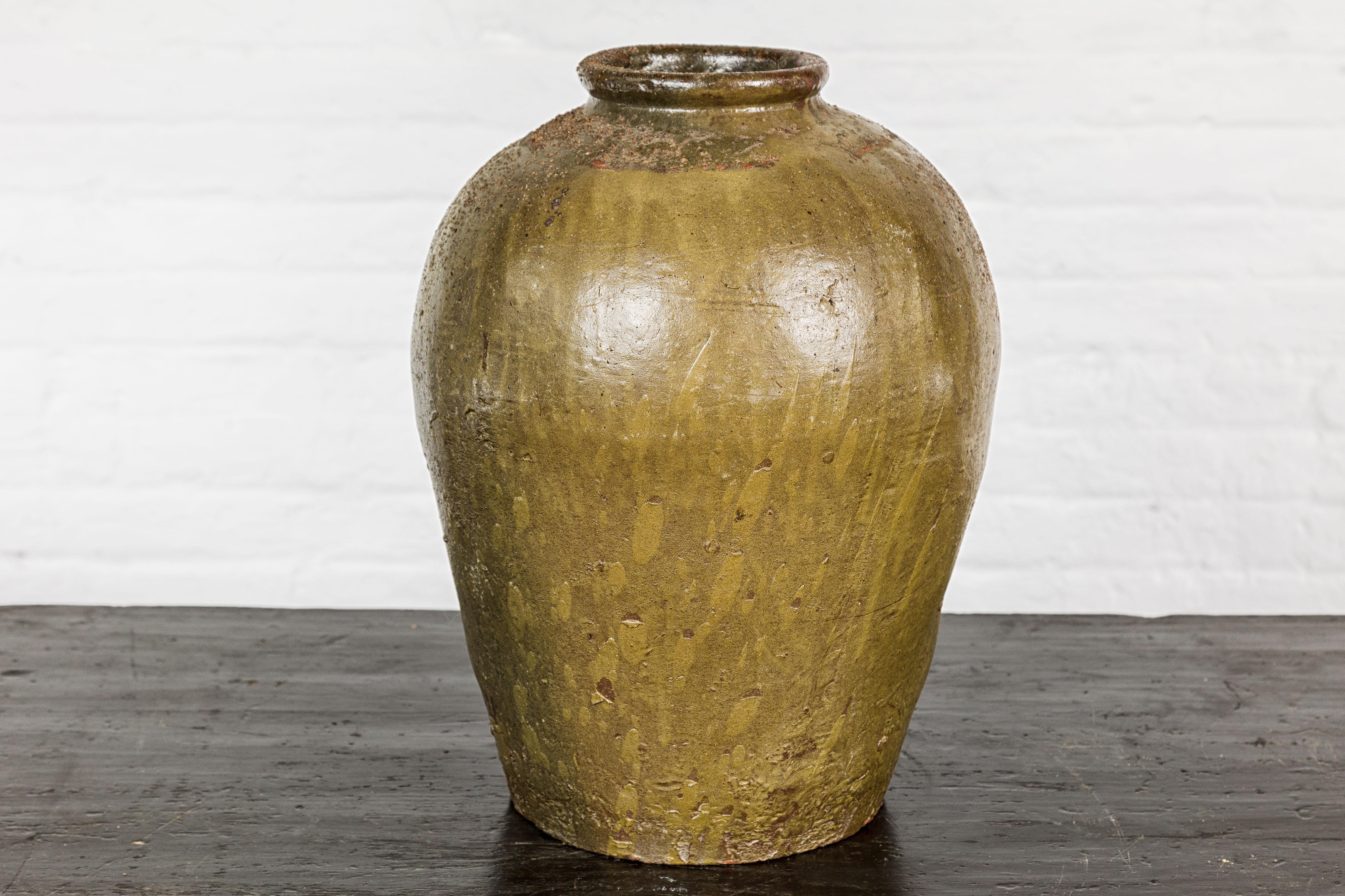 Rustic Brownish Green Glazed Vase with Mineral Deposits - Country Collection For Sale 7