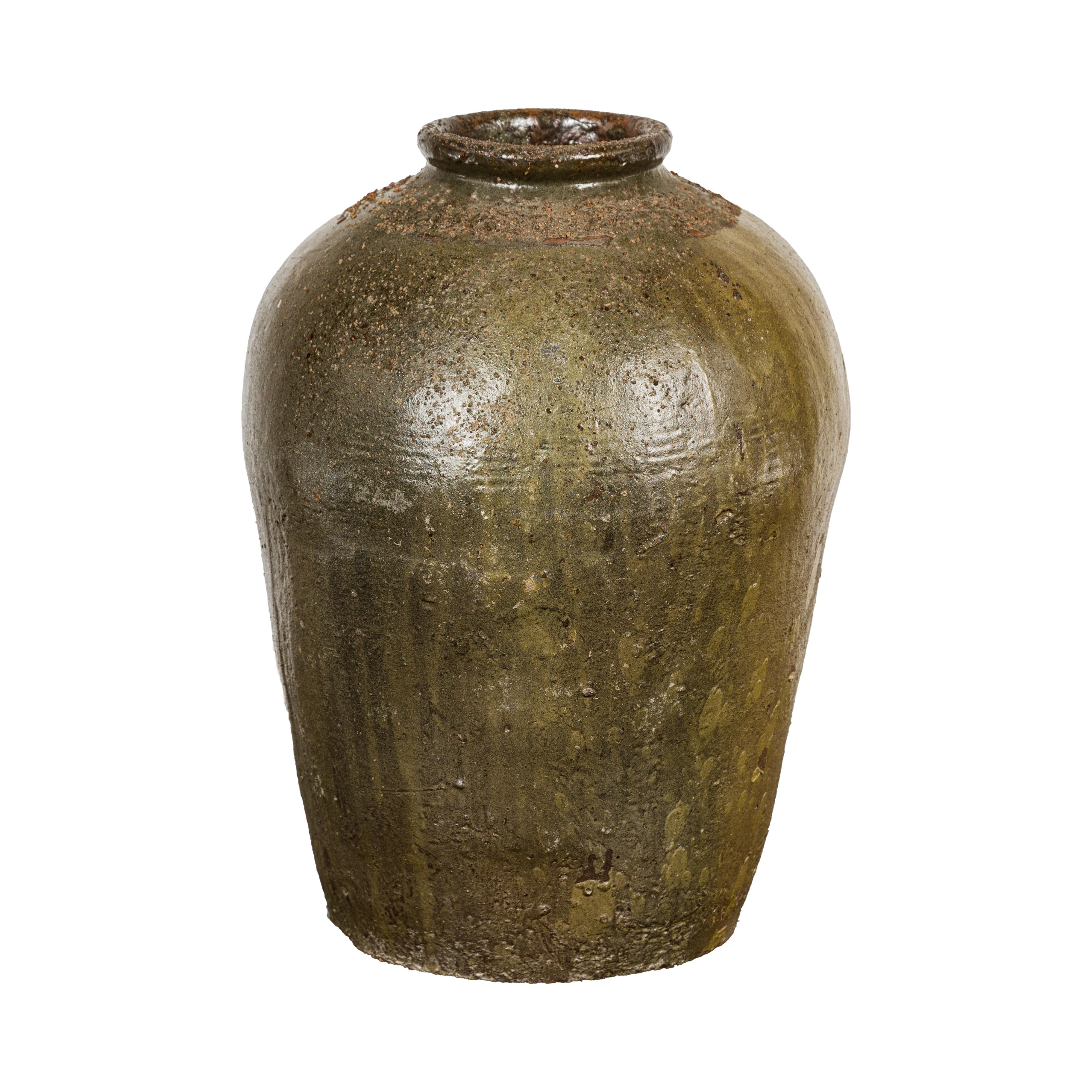 Rustic Brownish Green Glazed Vase with Mineral Deposits - Country Collection For Sale 11