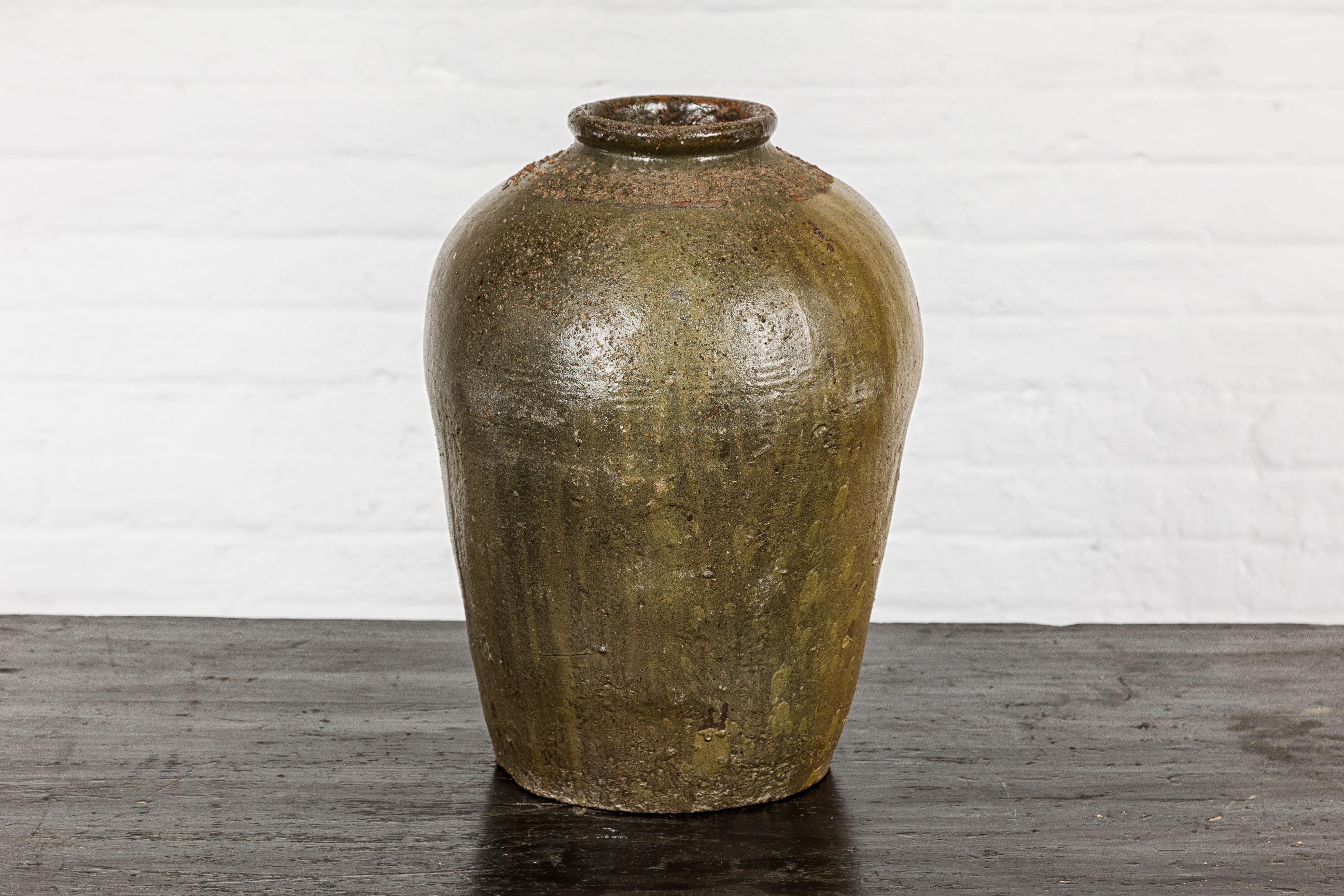 Rustic Brownish Green Glazed Vase with Mineral Deposits - Country Collection In Good Condition For Sale In Yonkers, NY