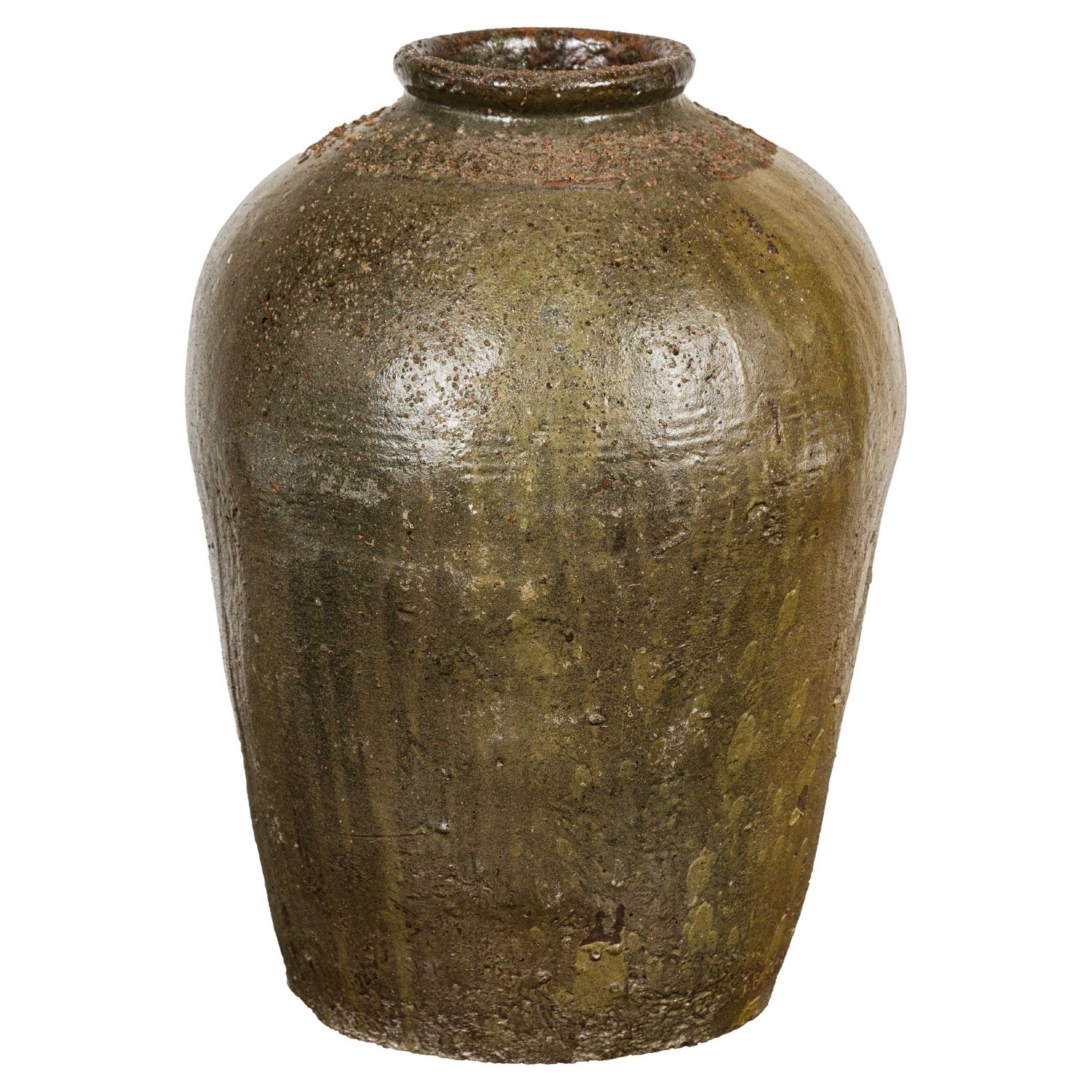Rustic Brownish Green Glazed Vase with Mineral Deposits - Country Collection For Sale