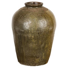 Vintage Rustic Brownish Green Glazed Vase with Mineral Deposits - Country Collection