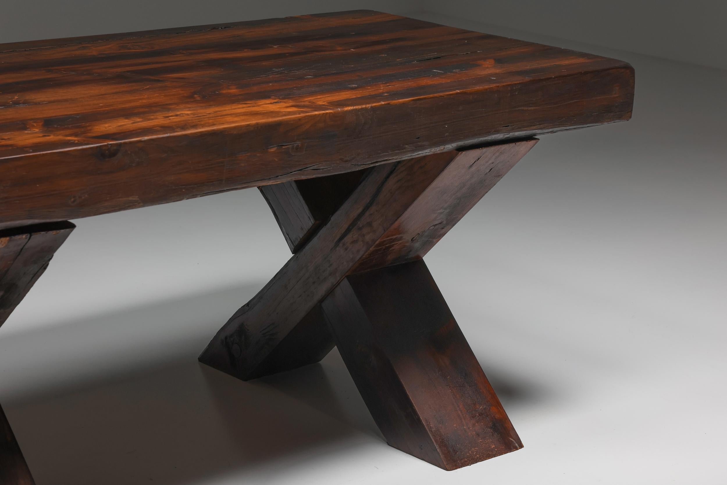 Rustic Brutalist Dark Wooden Dining Table with X-Legs, Italy, 1940's For Sale 5