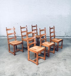Rustic Brutalist Design Oak Slat Back Dining Chair set, Belgium 1960's