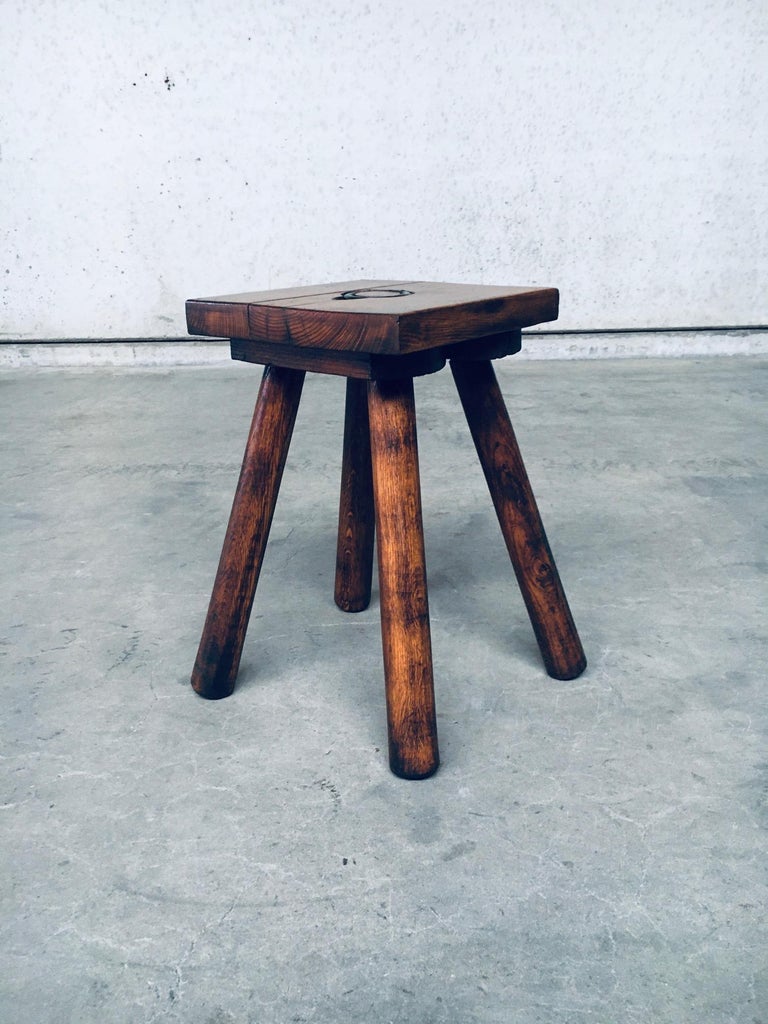 Rustic Brutalist Design Oak Stool w Handle, Belgium, 1950's For Sale at ...