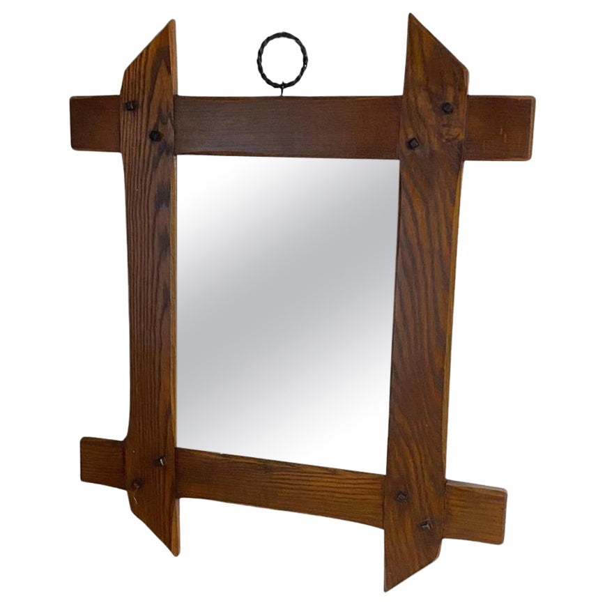 Specchio rustico brutalista Wood Wood intagliato a mano colore marrone Francia 1960 Oak massiccio