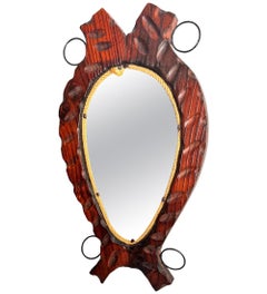 Rustic Brutalist Mirror Bass Wood Hand Carved Brown Color France 1960 Solid Wood