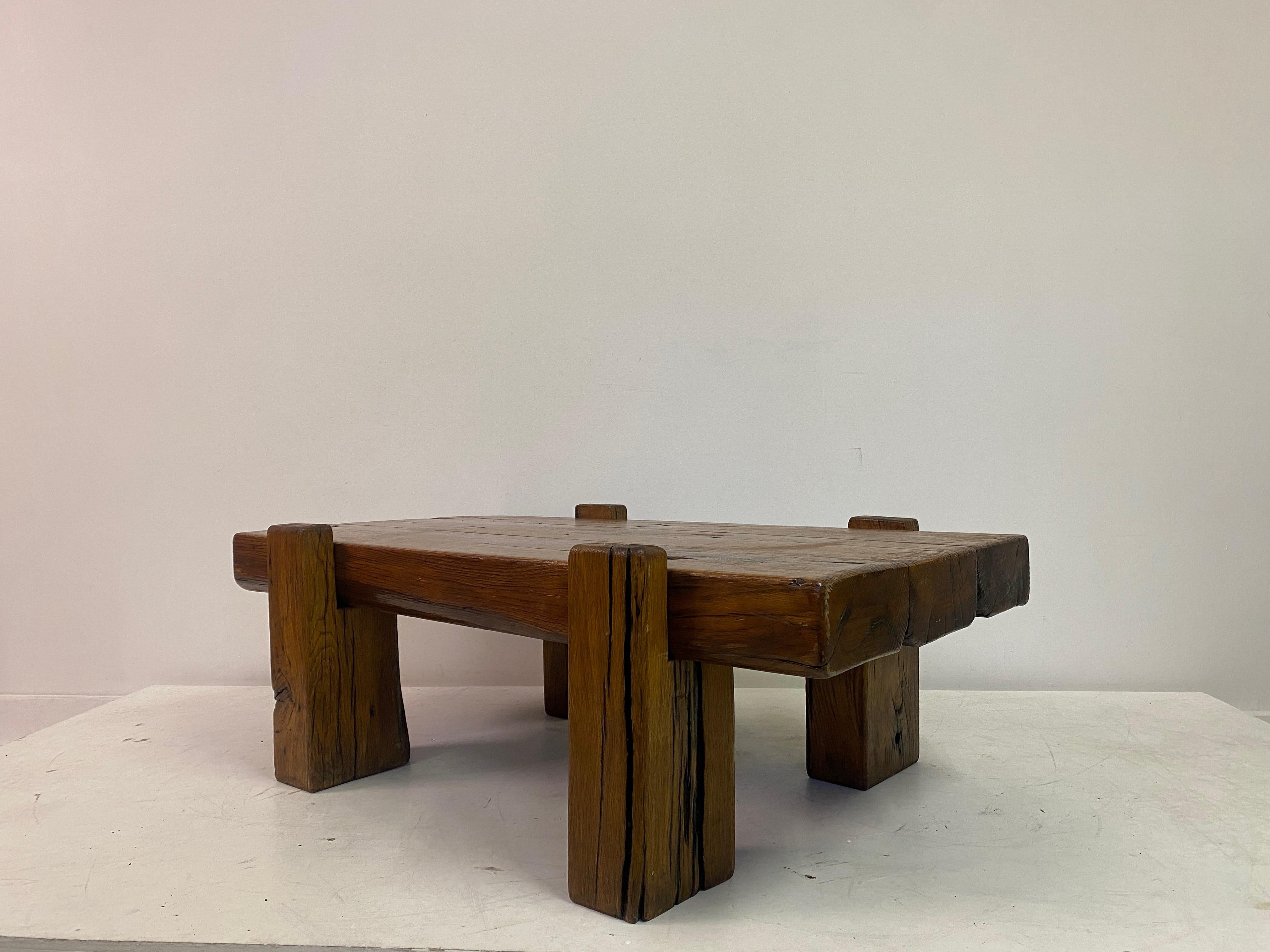 Rustic Brutalist Oak Coffee Table For Sale 5