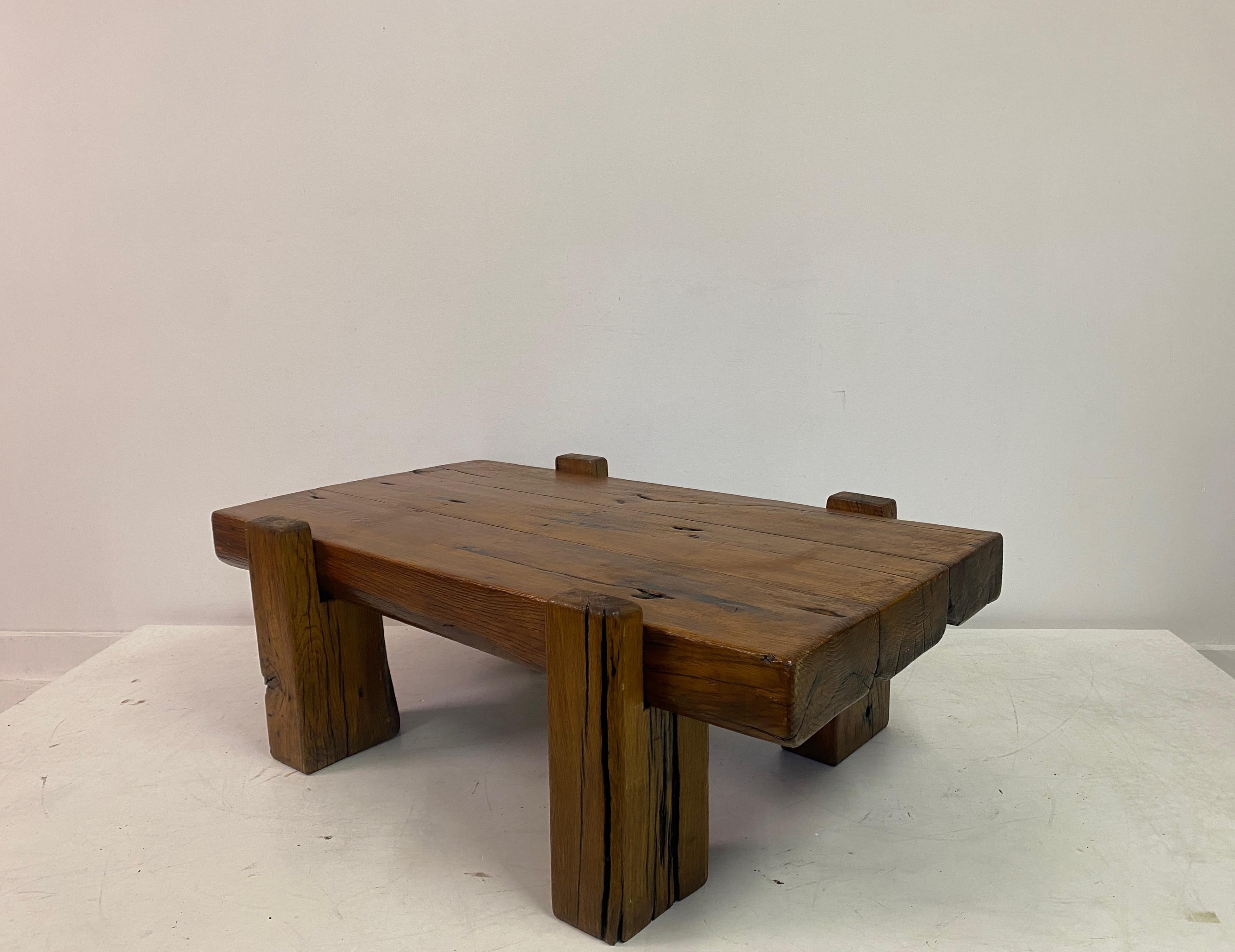 Rustic Brutalist Oak Coffee Table For Sale 6