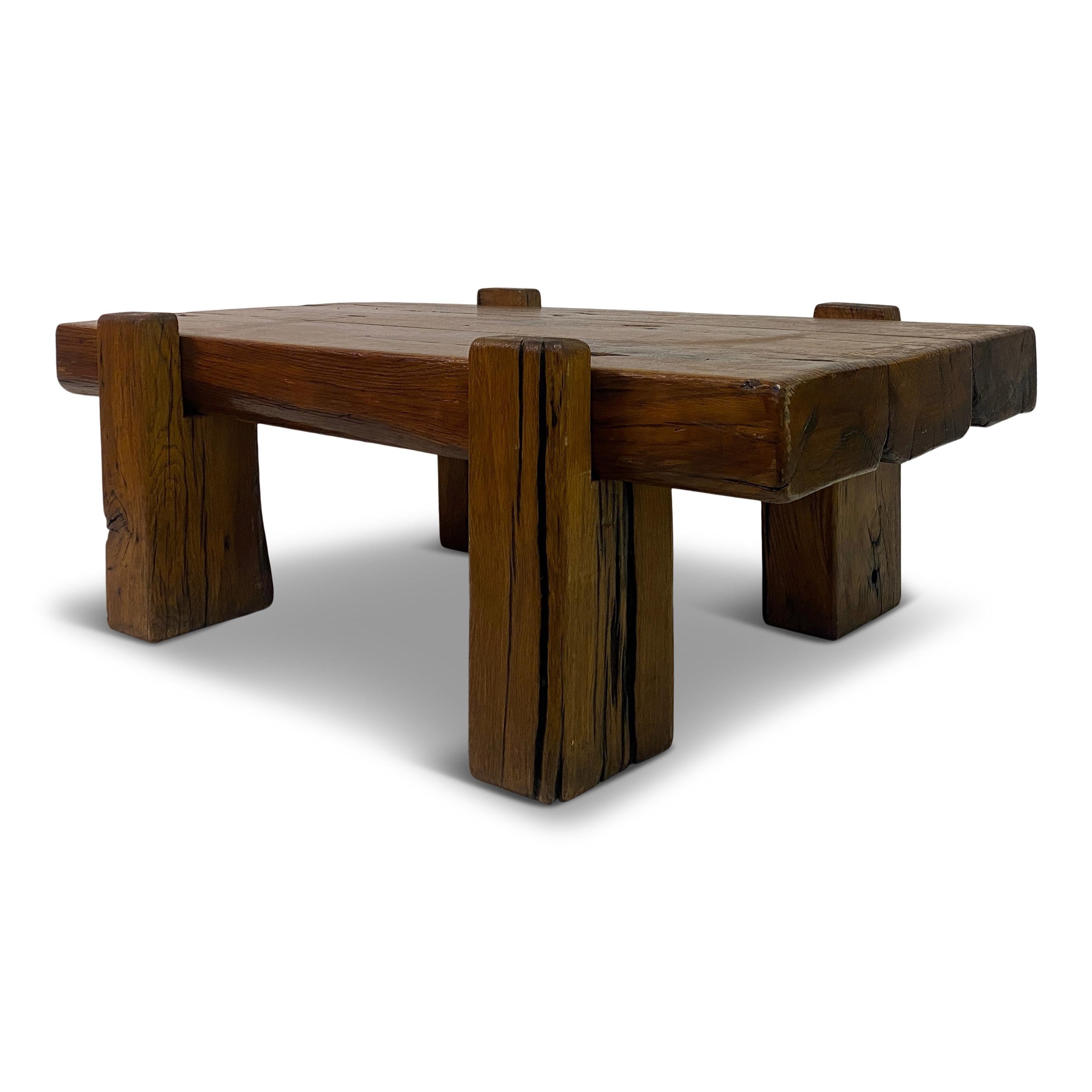 Rustic Brutalist Oak Coffee Table For Sale 7