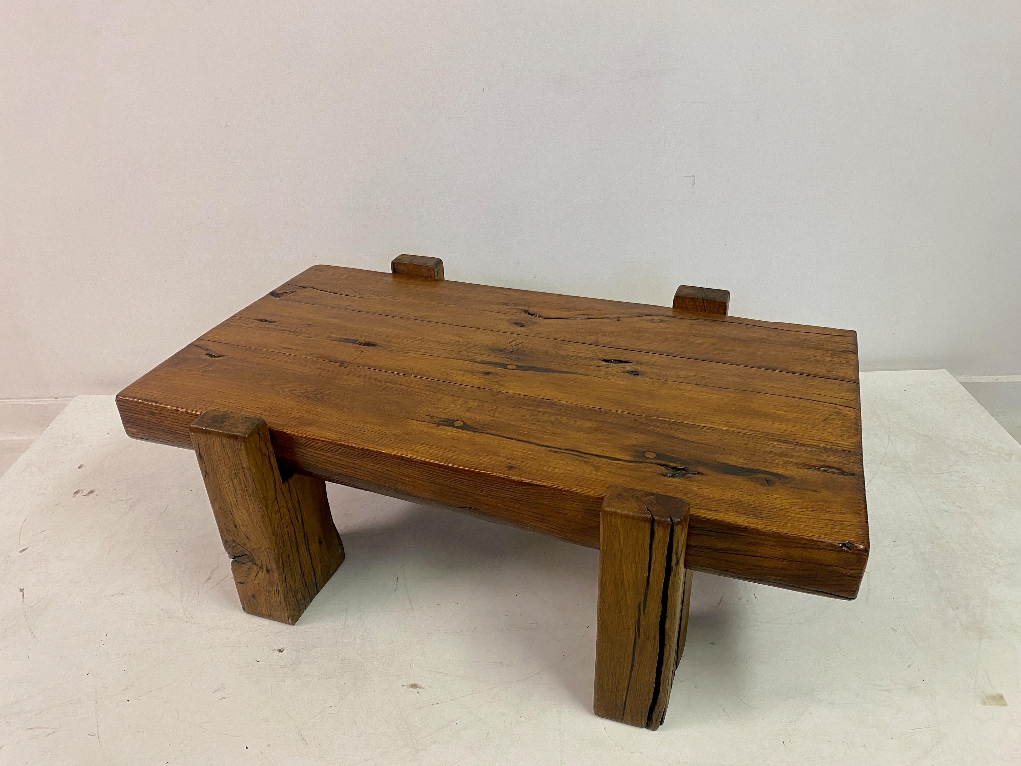 Rustic Brutalist Oak Coffee Table For Sale 1