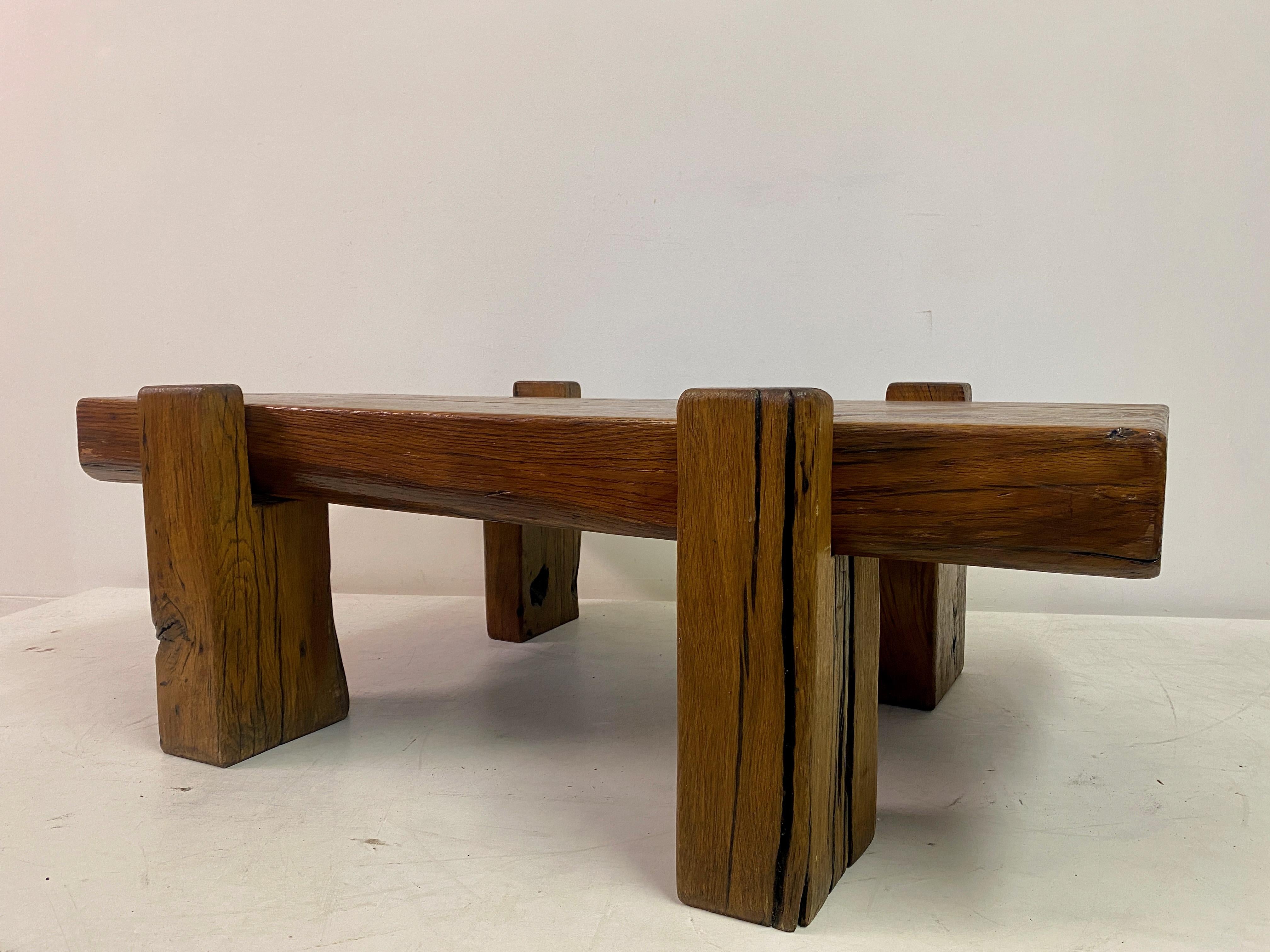 Rustic Brutalist Oak Coffee Table For Sale 2