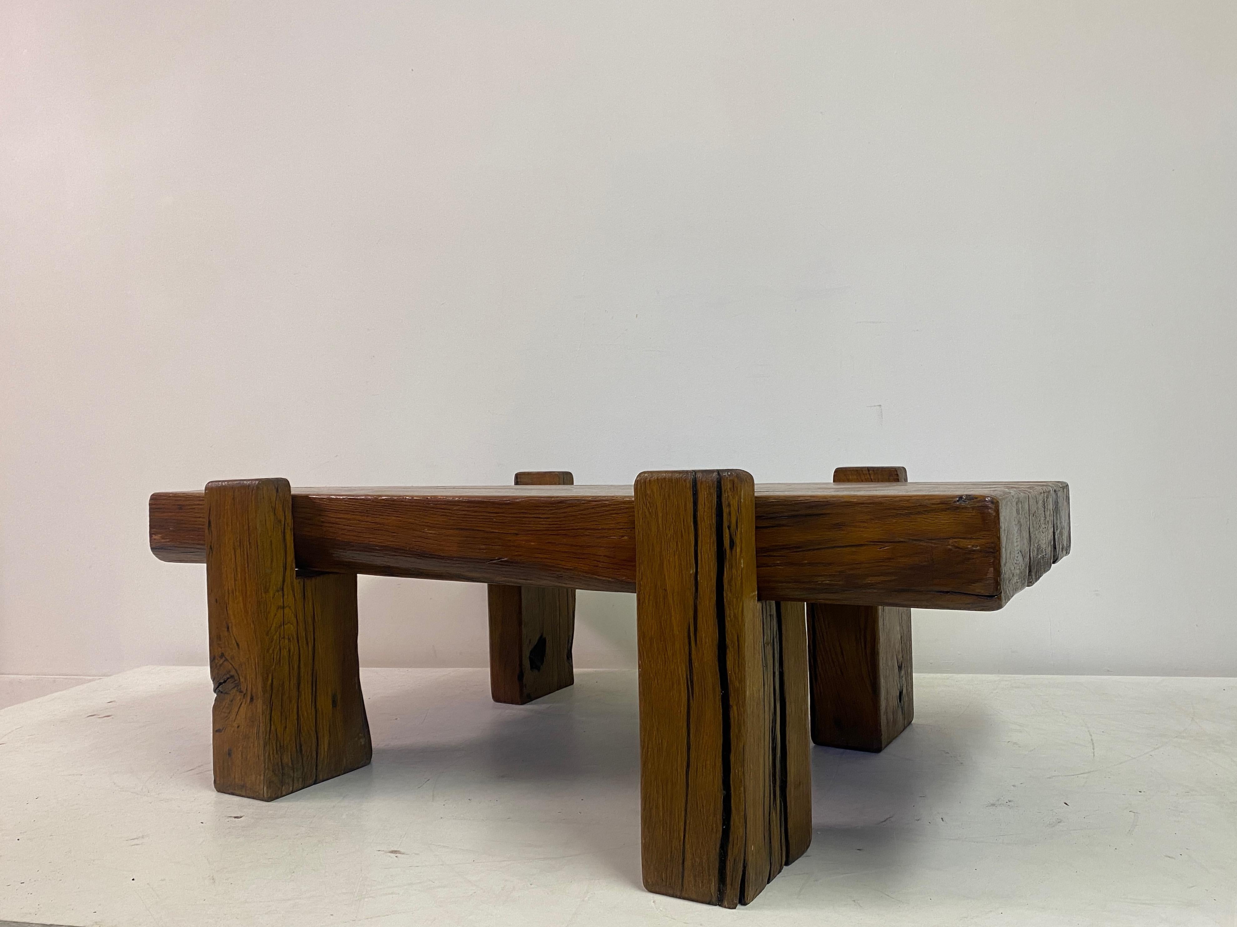 Rustic Brutalist Oak Coffee Table For Sale 3