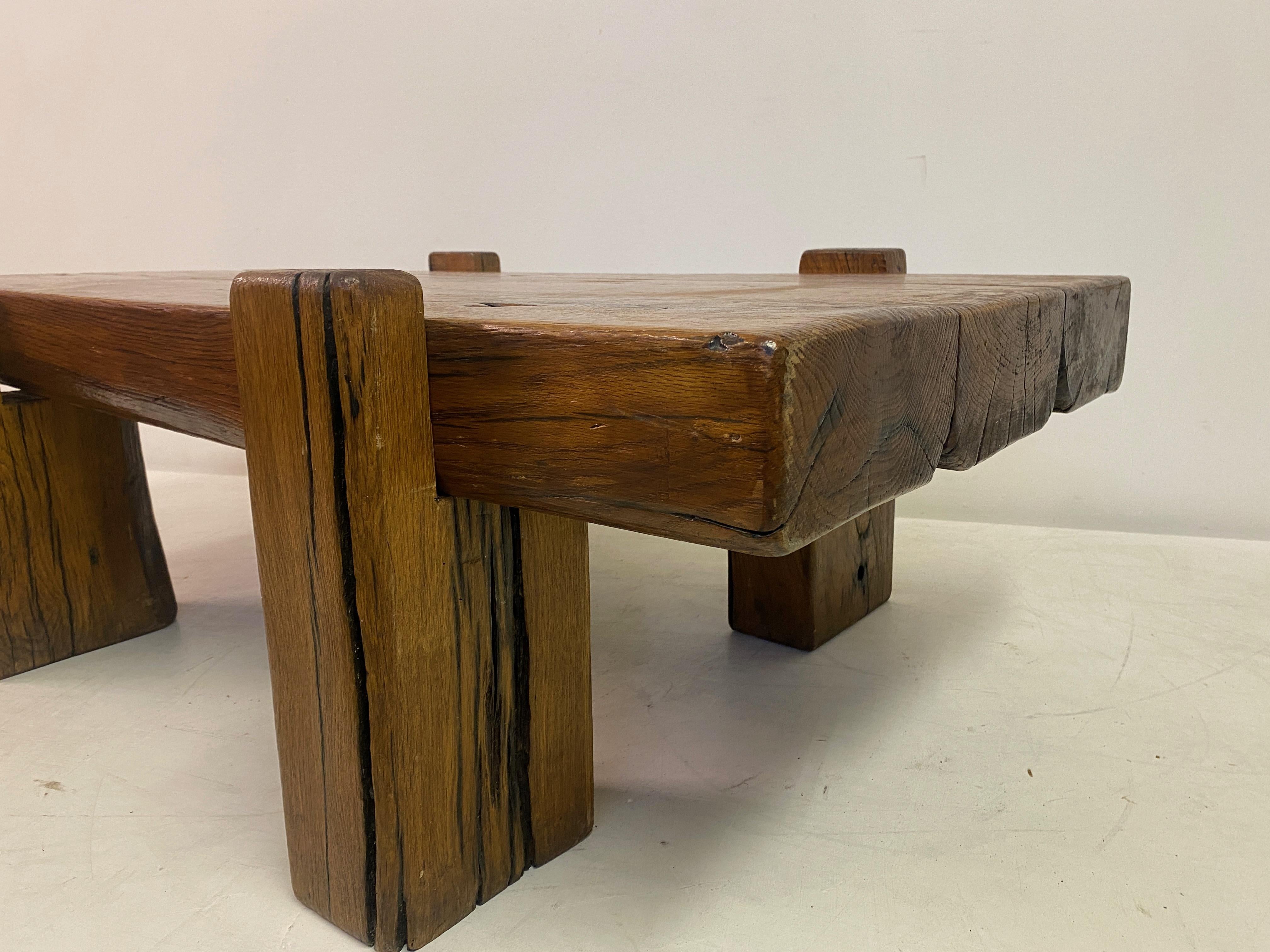 Rustic Brutalist Oak Coffee Table For Sale 4