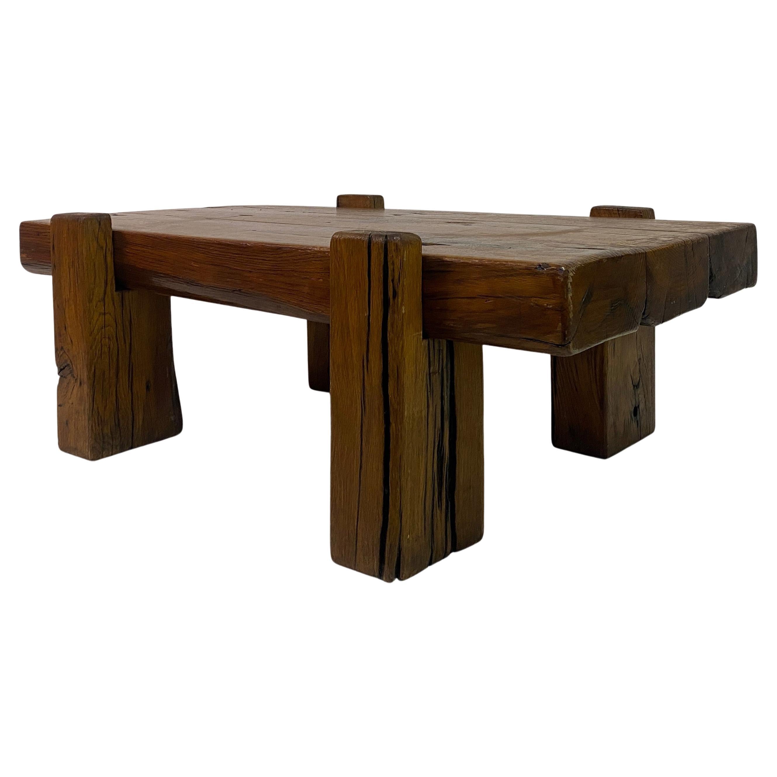 Rustic Brutalist Oak Coffee Table For Sale
