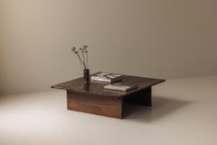 Rustic brutalist square coffee table in solid dark-stained oak wood, 1970s