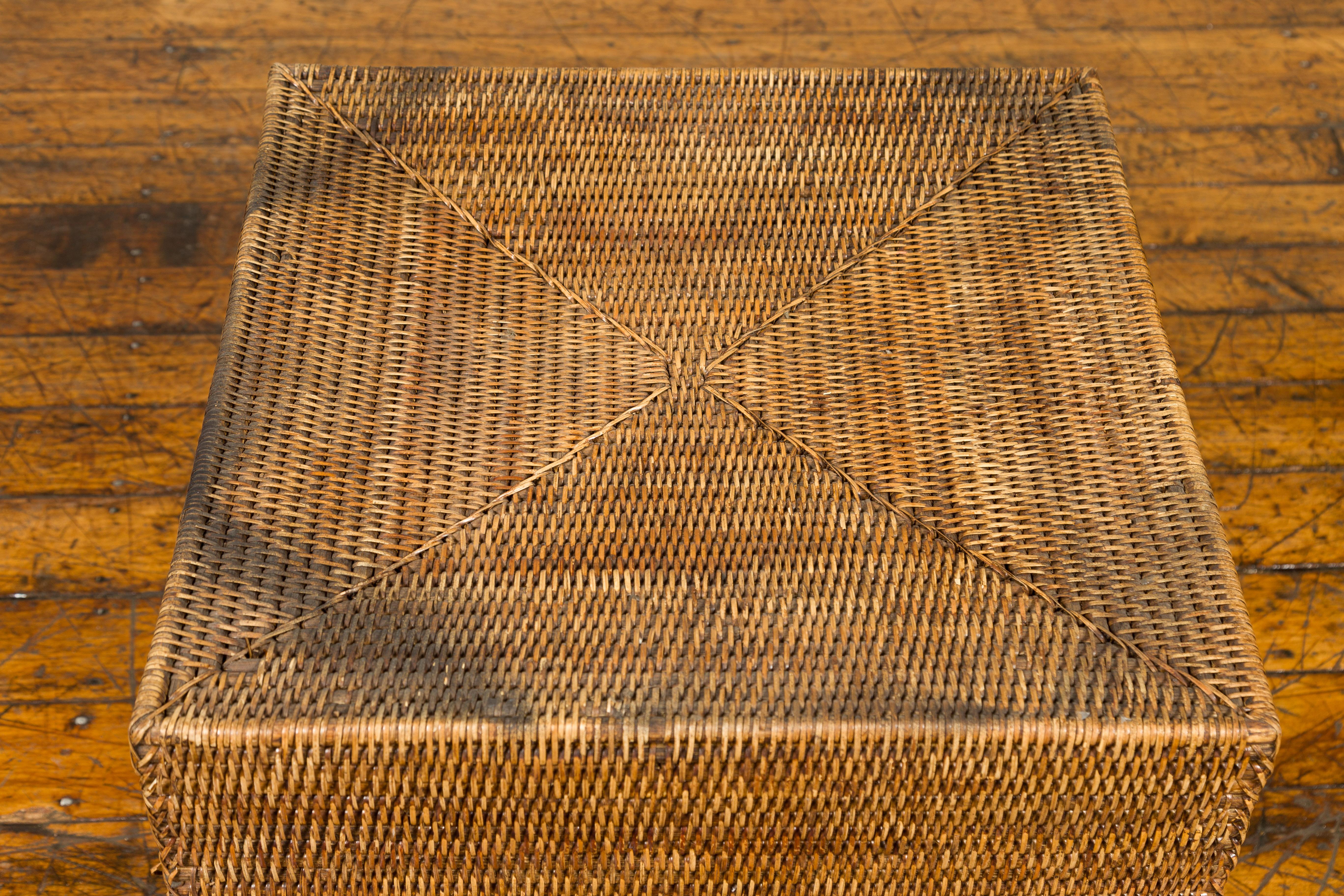 Rustic Burmese Vintage Square Shaped Rattan Basket with Weathered Patina In Good Condition For Sale In Yonkers, NY