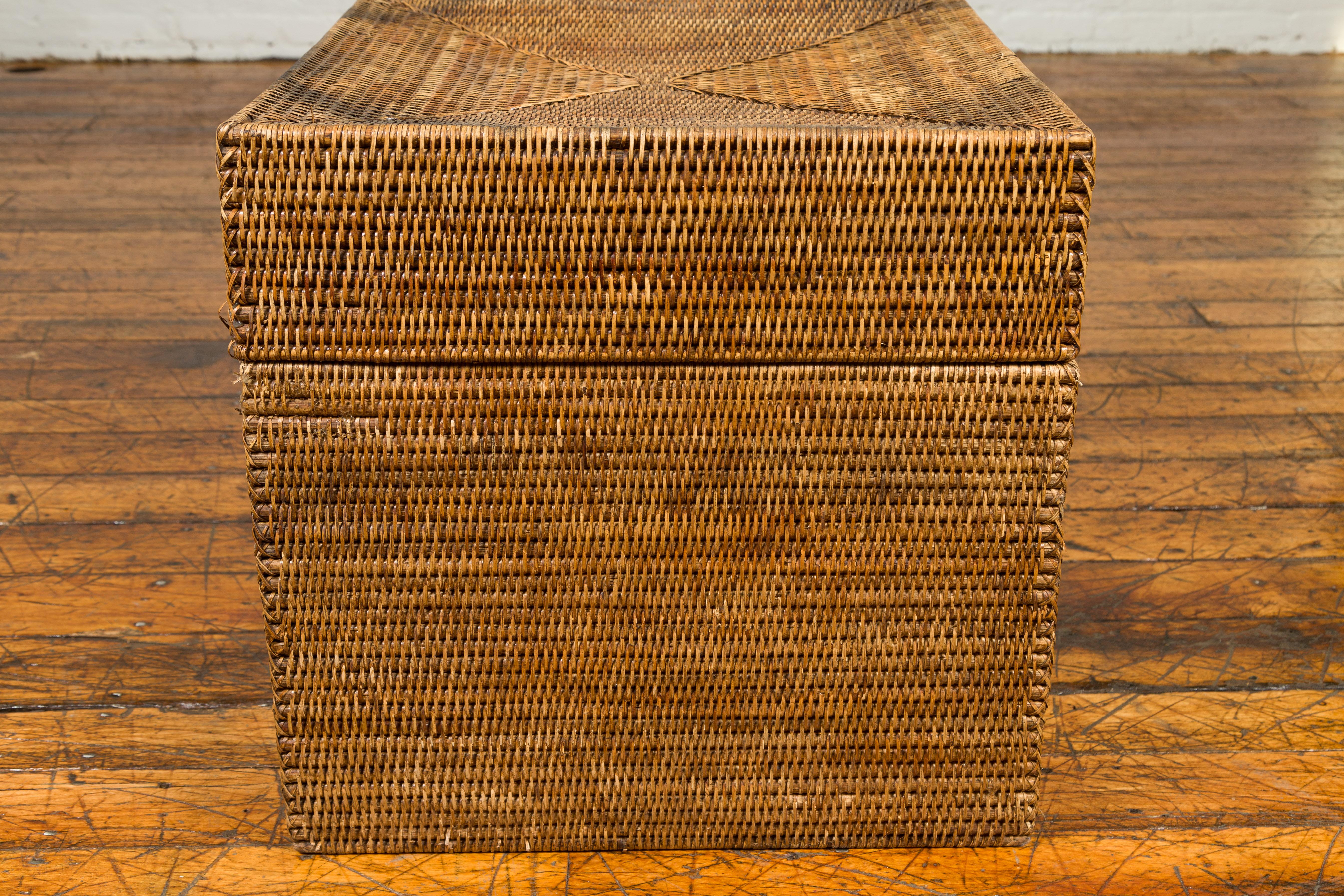 20th Century Rustic Burmese Vintage Square Shaped Rattan Basket with Weathered Patina For Sale