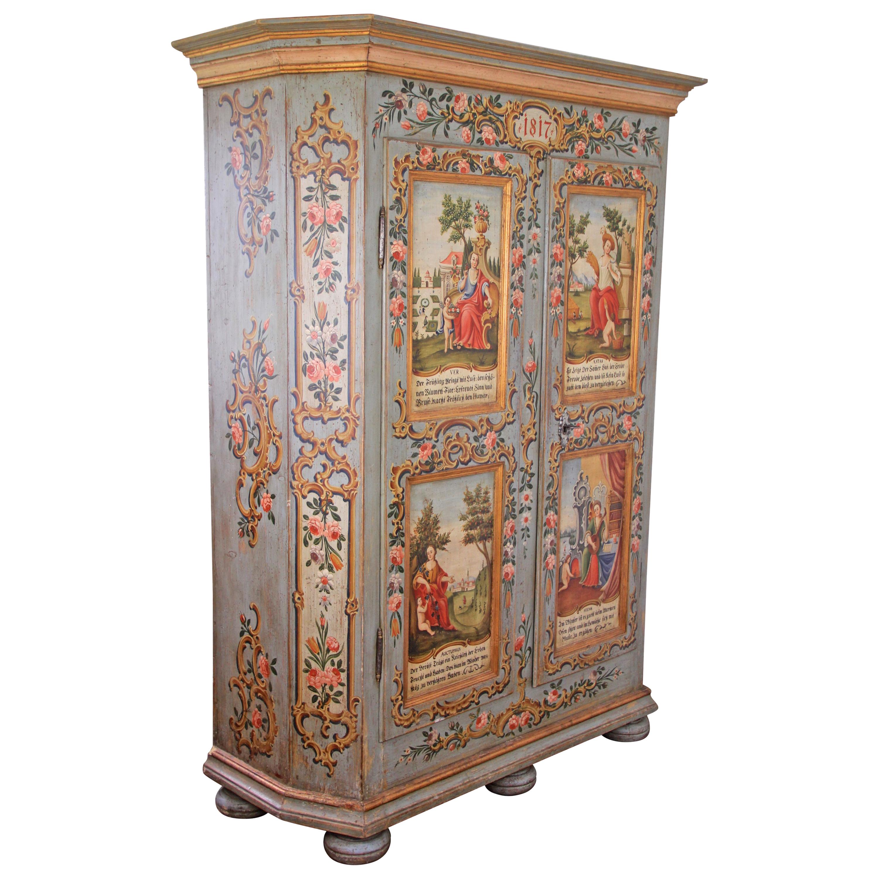 Rustic Cabinet "The Four Seasons" Hand Painted, Austria Dated 1817