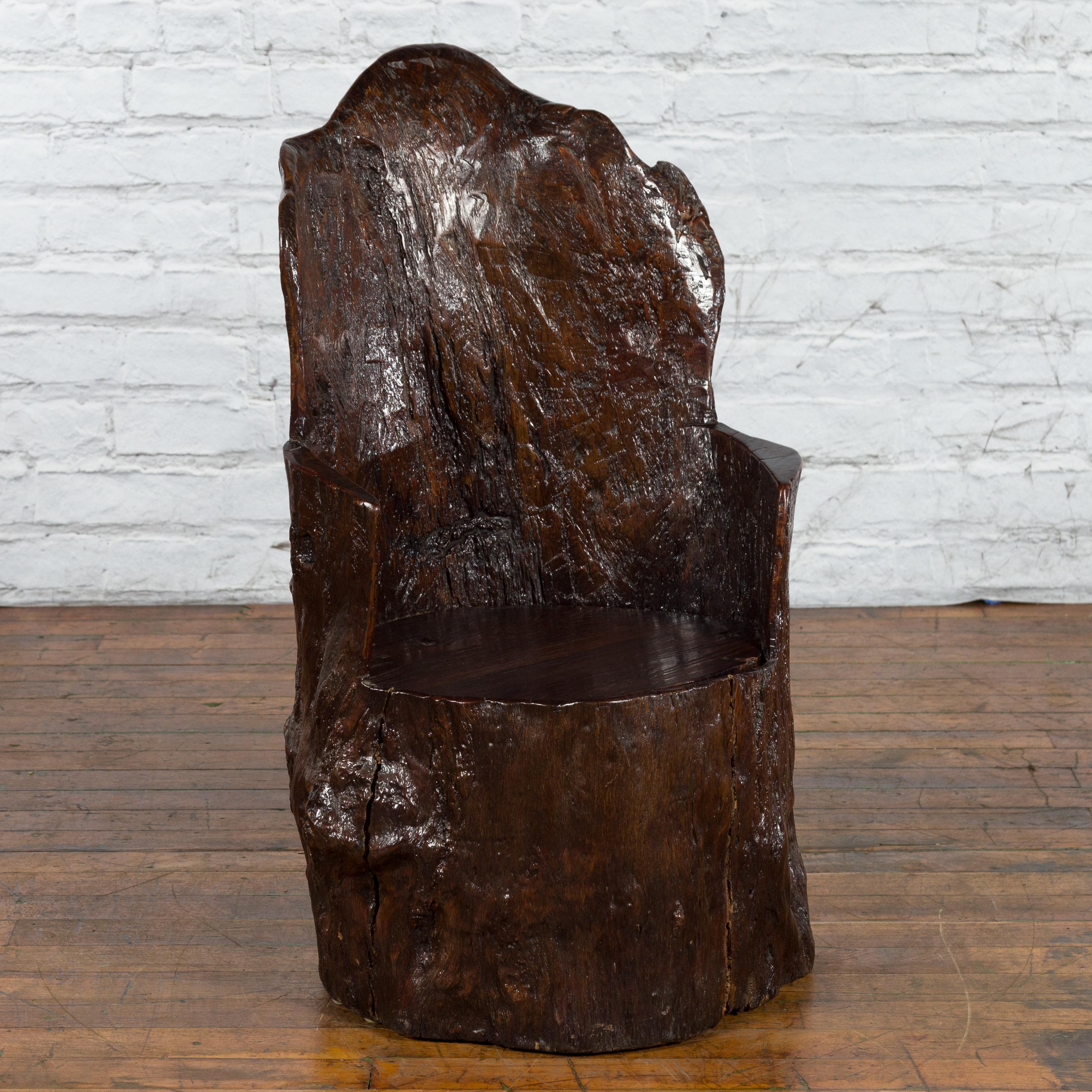 A rustic Chinese Cantonese hand-crafted seat made from a tree trunk from the early 20th century with curving back, brown patina and hidden compartment under the seat. Created in the Southern region of Canton (nowadays known as Guangzhou) in the