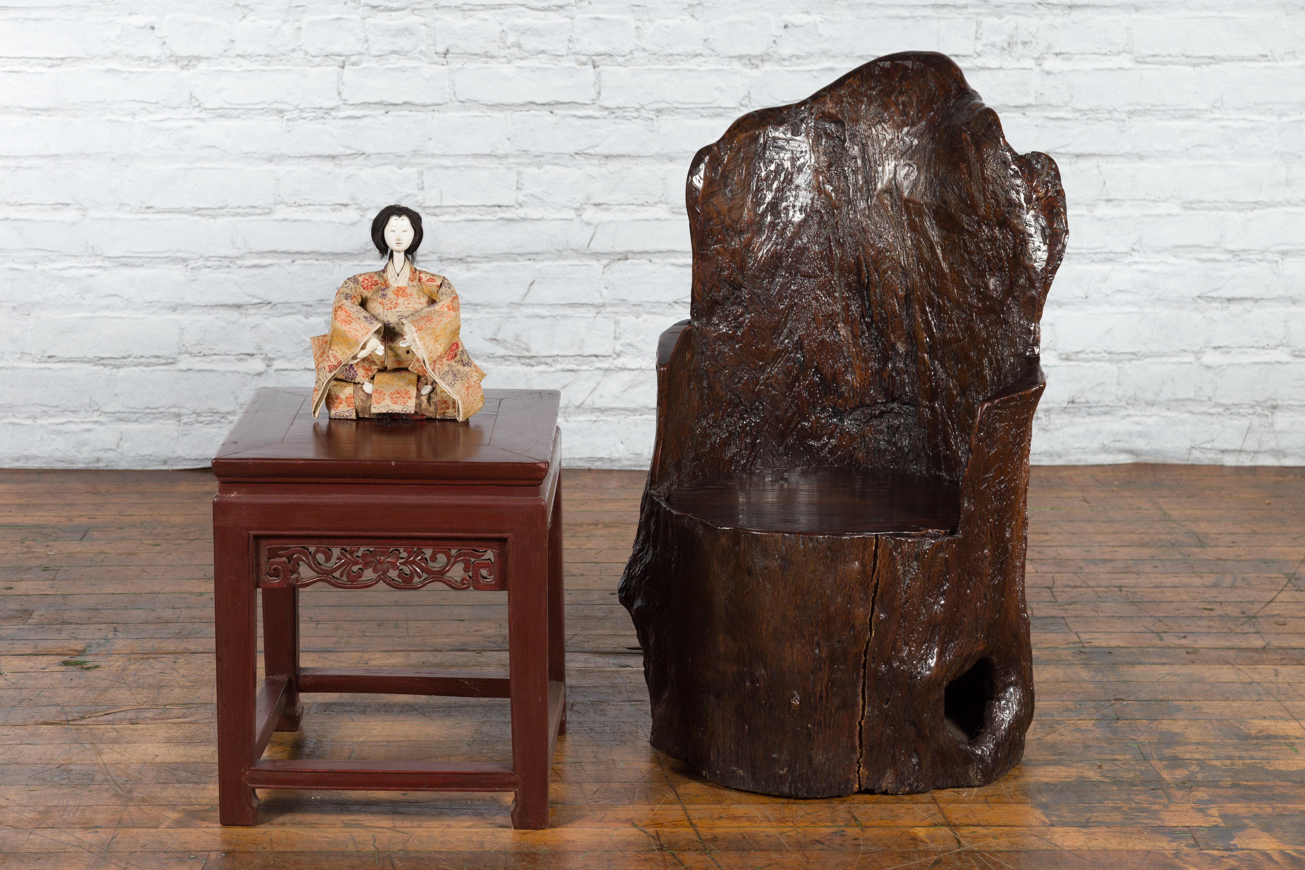 Hand-Crafted Rustic Cantonese Armchair Carved from a Tree Trunk with Hidden Compartment