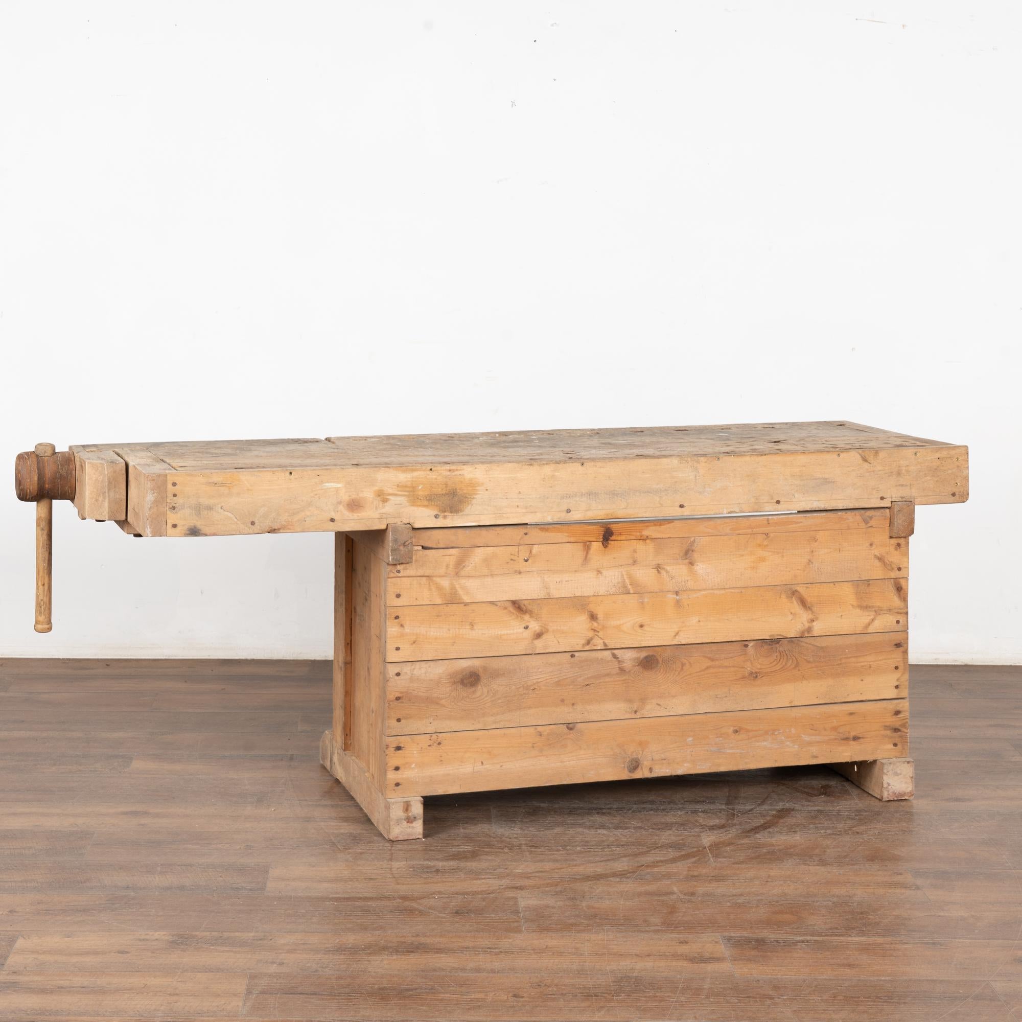 Rustic Carpenter Workbench Console Table with Shelf & Storage, Circa 1920 For Sale 5